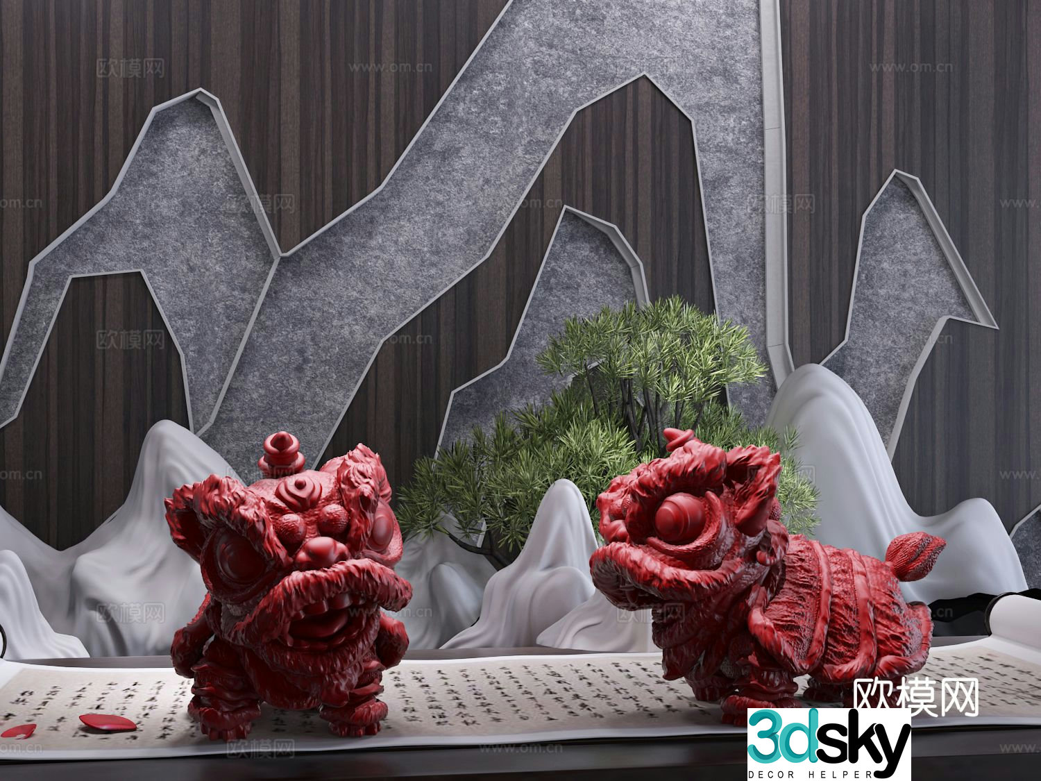 New Chinese style standing lion waking sculpture art ornaments 3D model