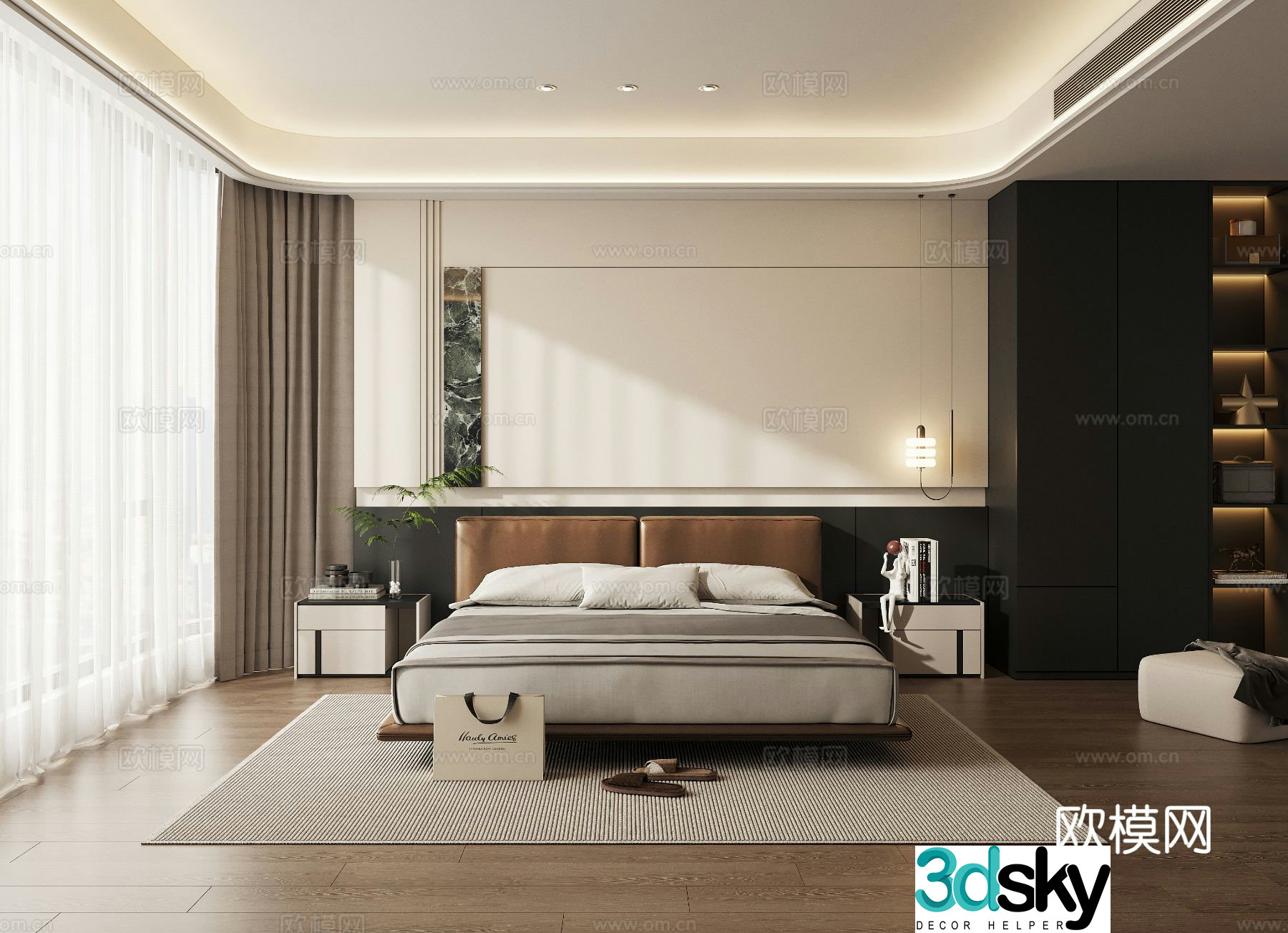 Modern premium gray bedroom Italian simple bedroom Double bed master bedroom Secondary bedroom 3D model