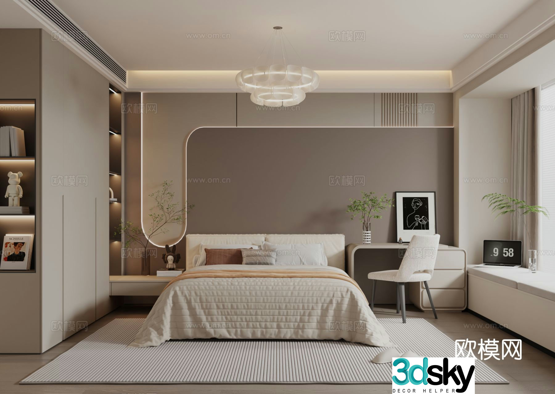 Modern cream style home bedroom 3d model