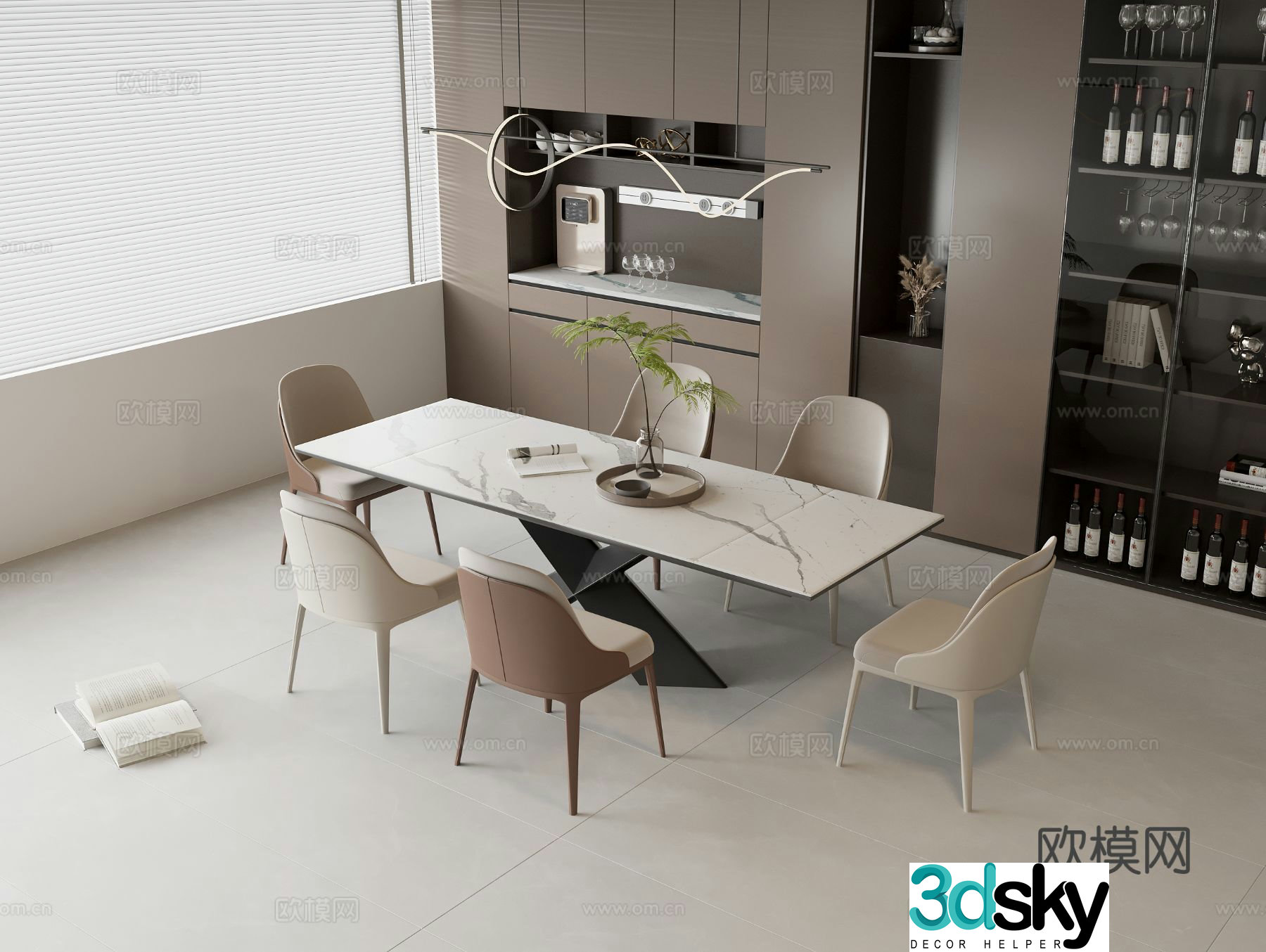 Modern dining table and chair combination marble dining table leather dining chair sideboard glass door wine cabinet 3d model