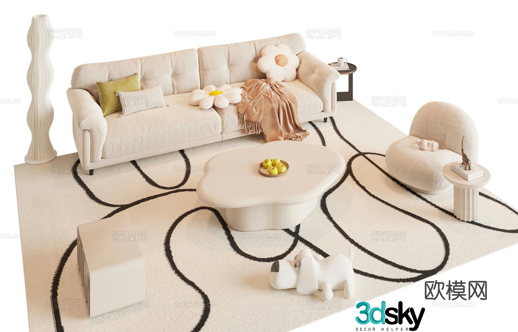 Creamy sofa coffee table combination 3D model