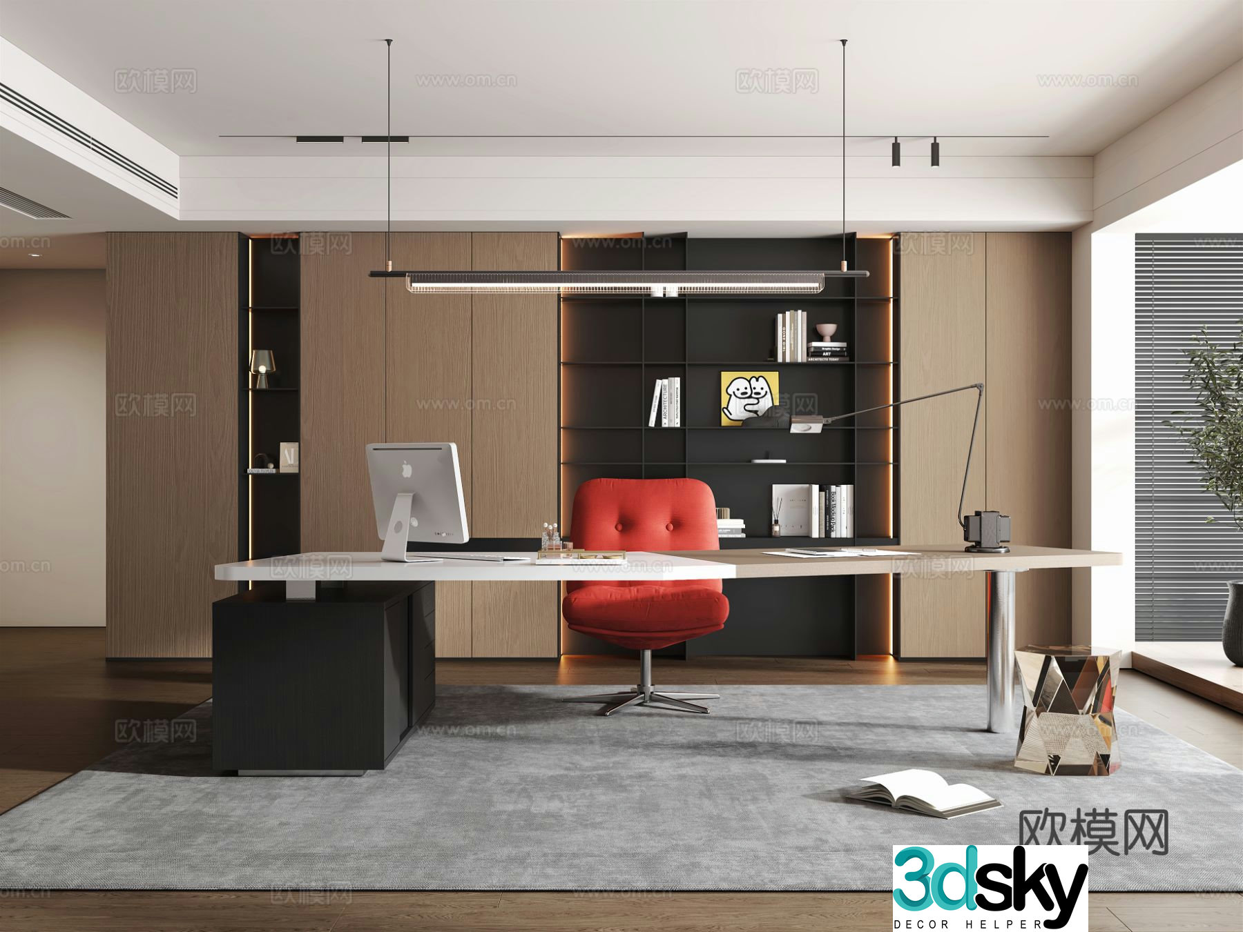 Italian light luxury study open study desk and chair combination bookcase desk and chandelier 3D model