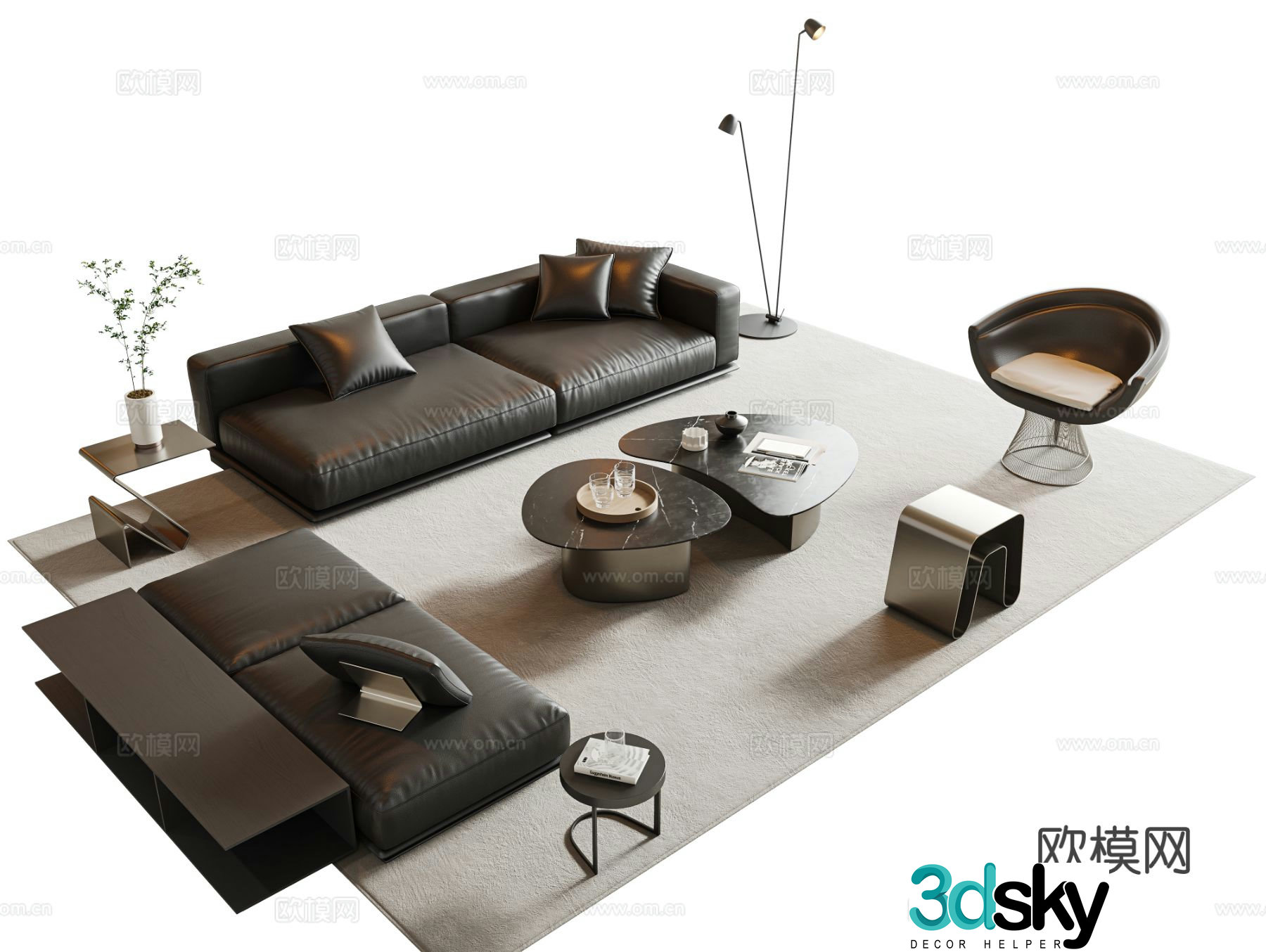Italian sofa coffee table combination multi-person sofa leather sofa combination sofa straight sofa 3D model