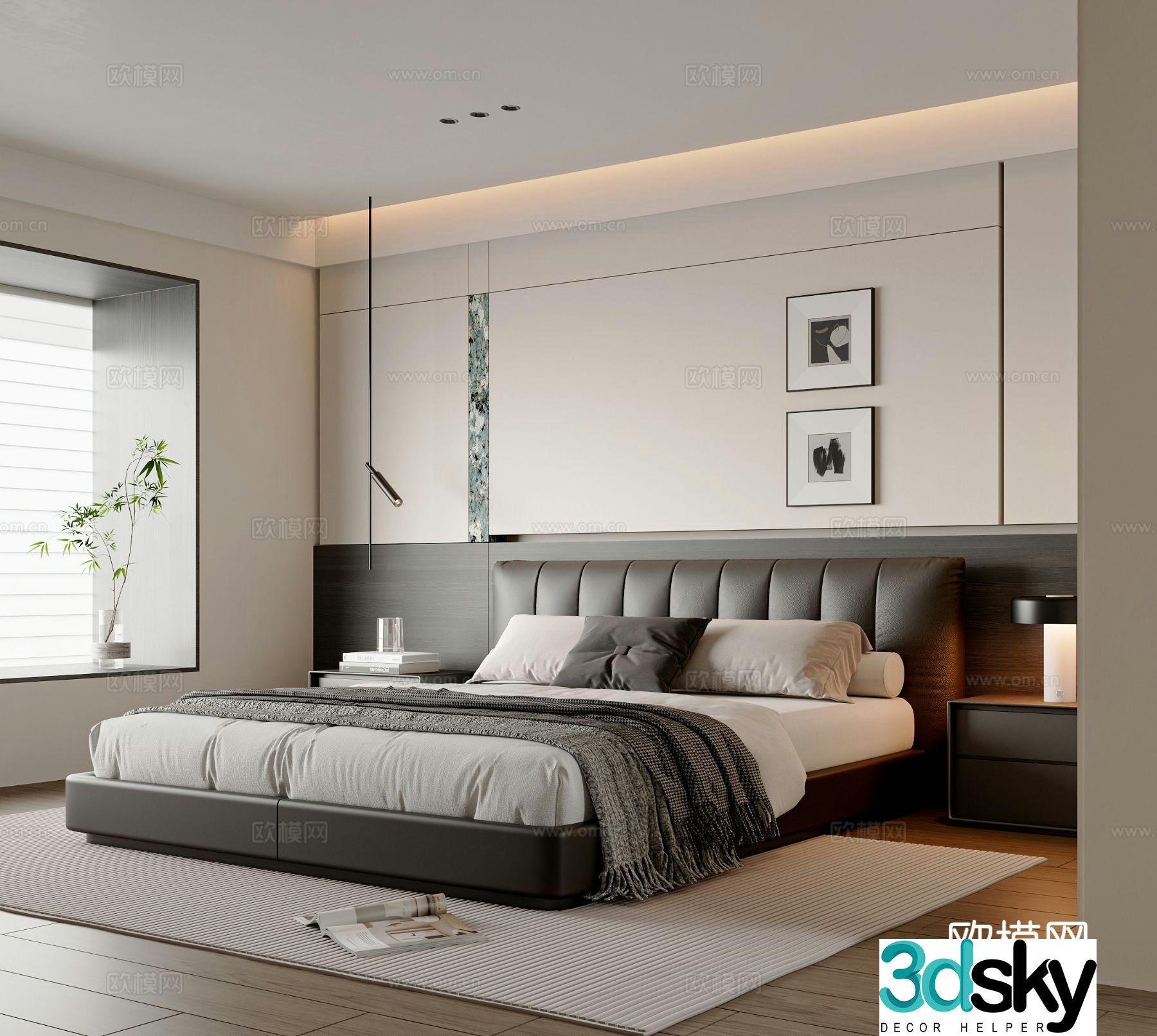 Modern minimalist bedroom master bedroom double bed small chandeliers desk lamp bedroom accessories hanging paintings 3D model