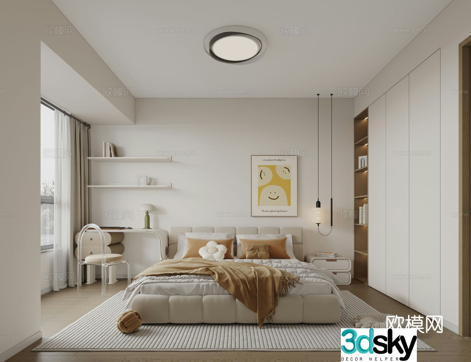 Cream style modern minimalist bedroom master bedroom 3d model