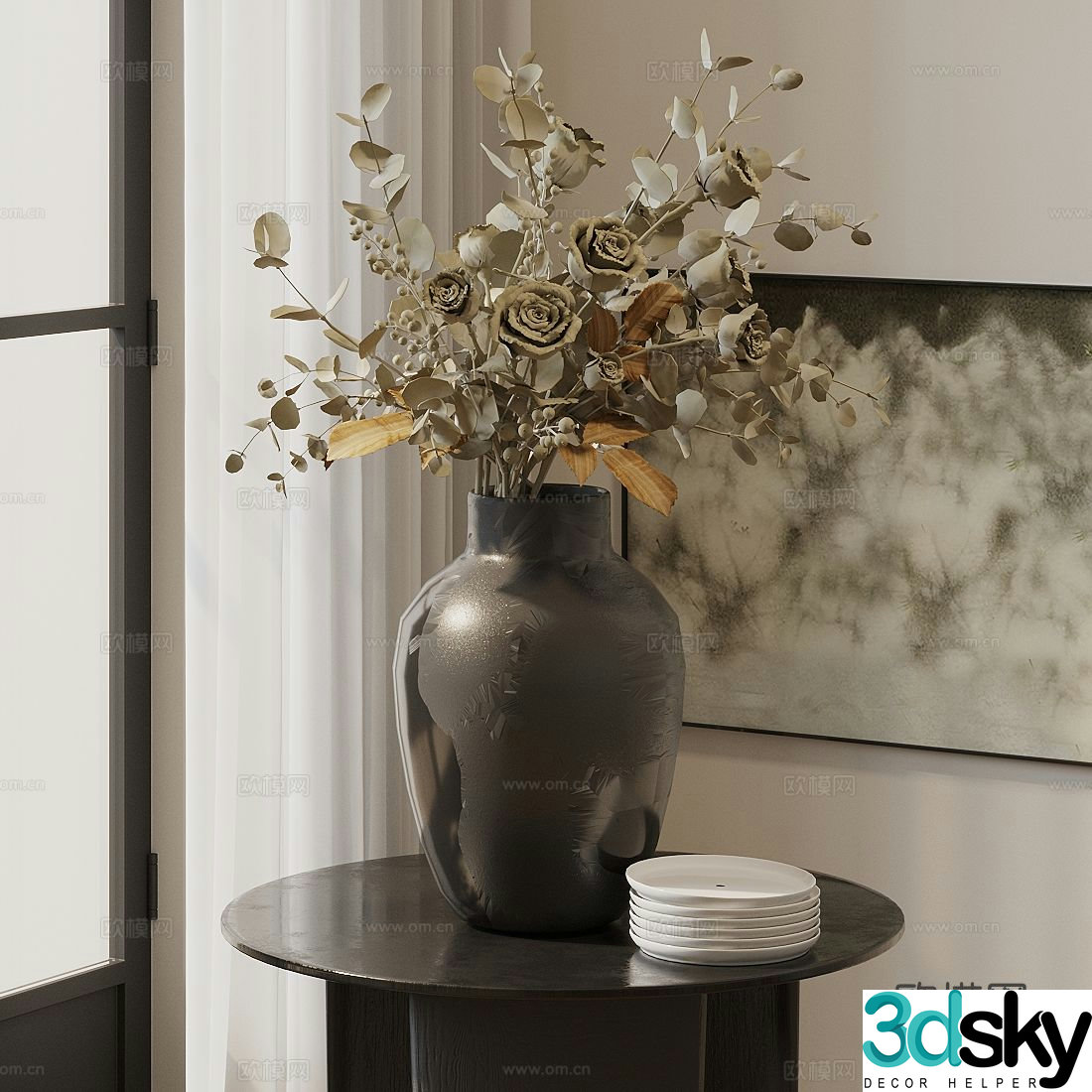 New Chinese Zen Flower Art Dining Table Flower Art Ornaments Dry Branch Flower Ornaments 3D Model