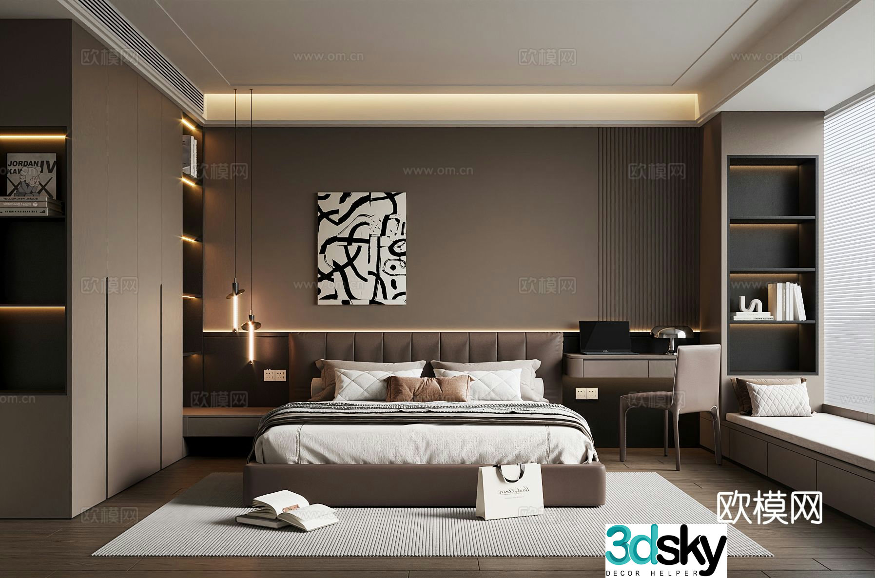 Italian bedroom bay window desk wardrobe 3d model