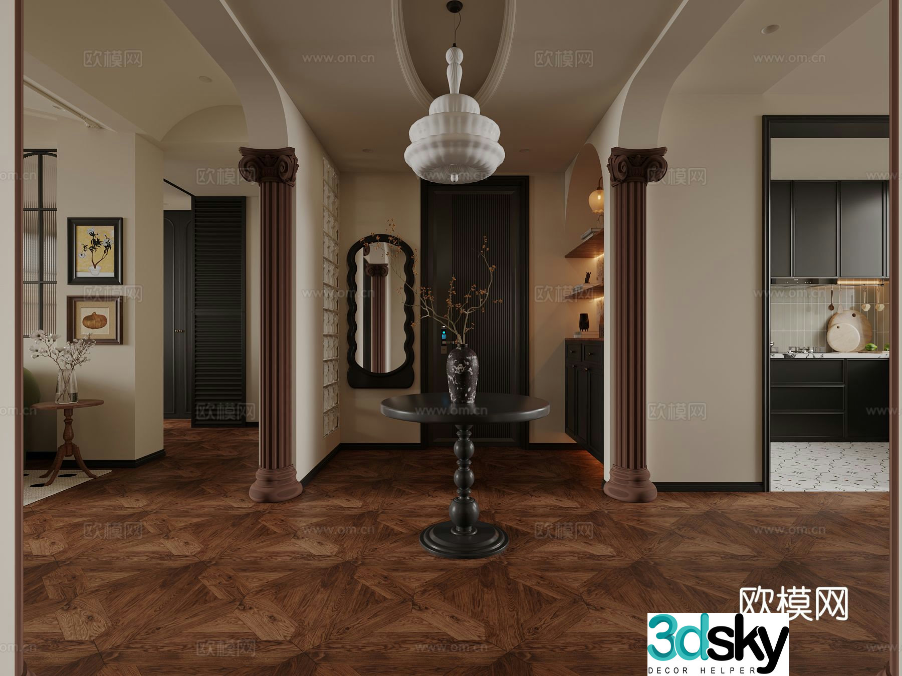 French entrance hall aisle Roman column ceiling porch shoe cabinet porch case 3D model