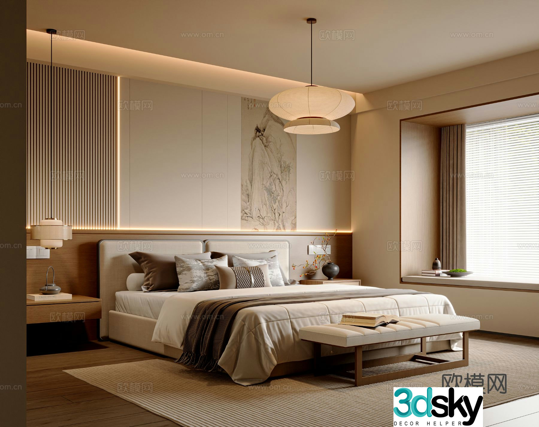 New Chinese style Song style bedroom master bedroom fabric double bed new Chinese style chandelier bed tail stool 3D model