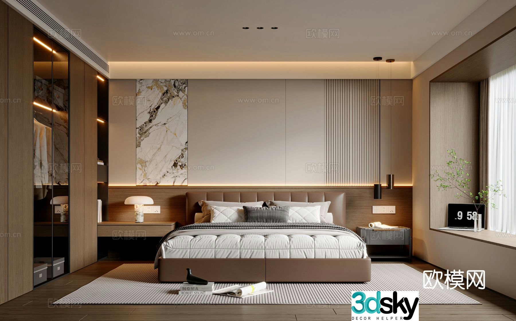 Modern simple bedroom double bed wardrobe chandeliers bedroom accessories desk lamp 3d model