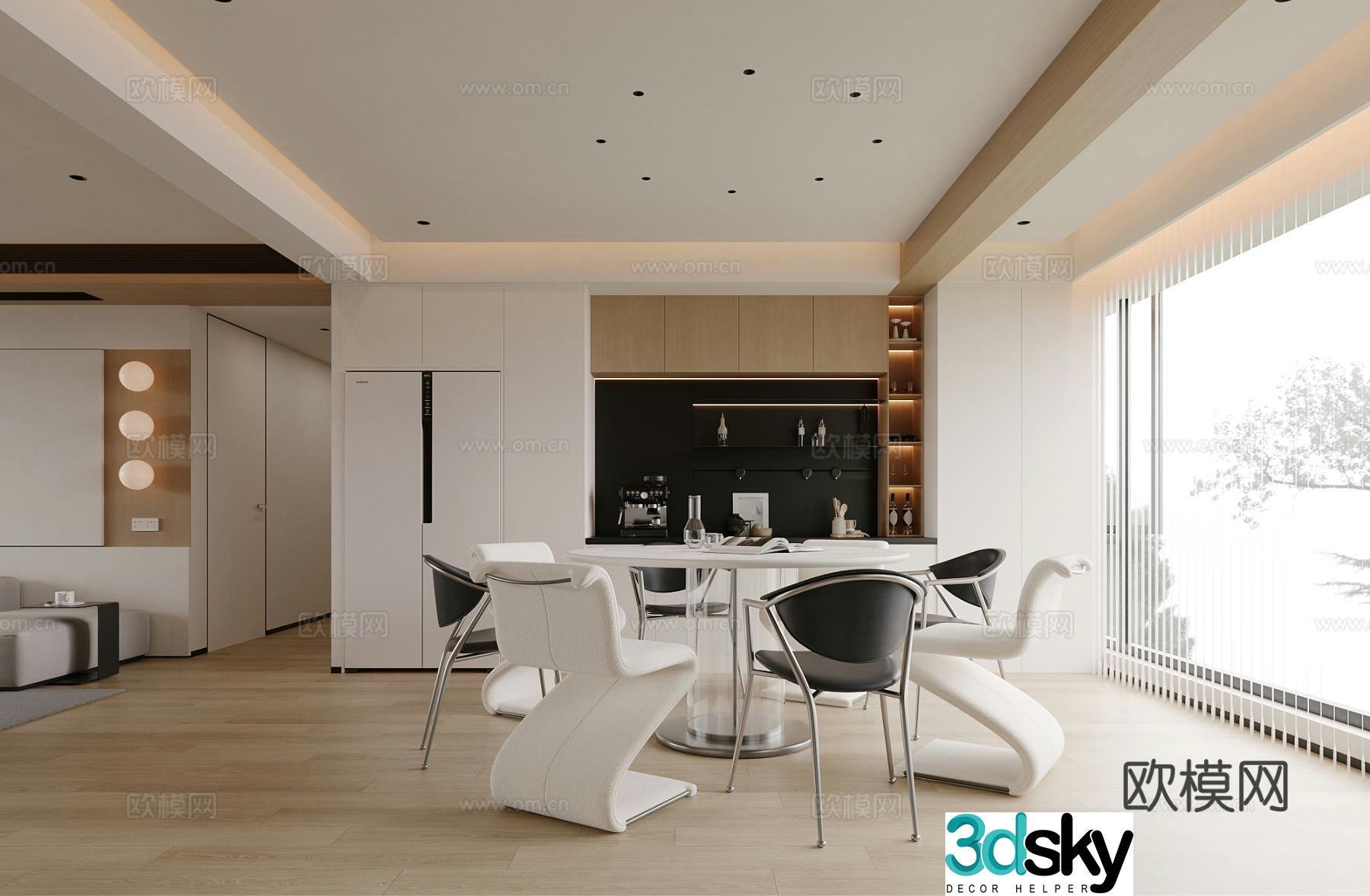 Modern minimalist restaurant dining table and chair combination wine cabinet refrigerator modern wall light 3D model