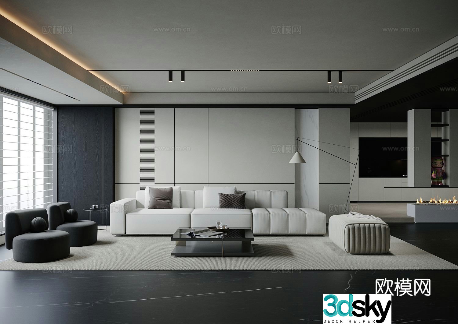 Modern minimalist home living room black and white living room living room without lights high-end gray living room 3d model