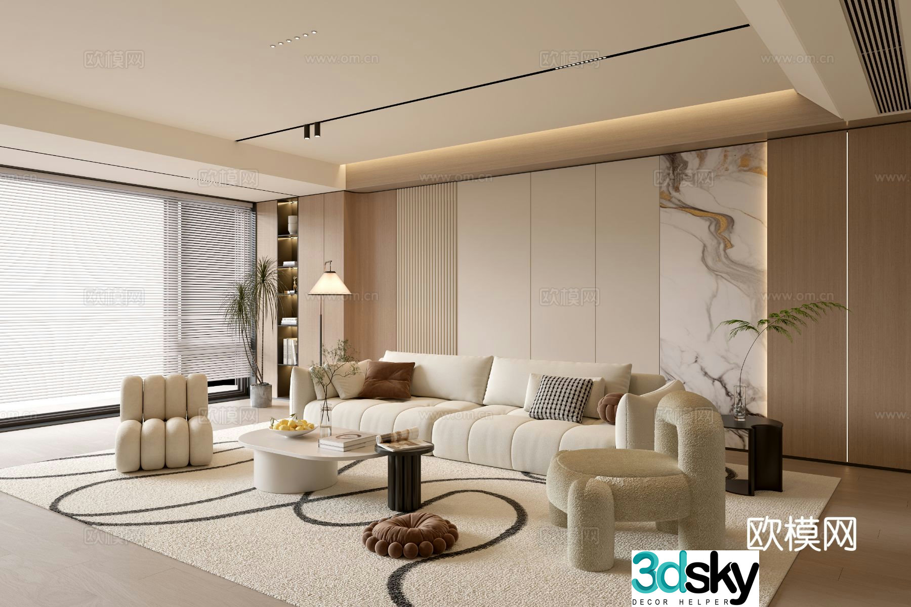 Creamy style simple living room balcony cabinet sofa combination coffee table sofa background wall 3d model