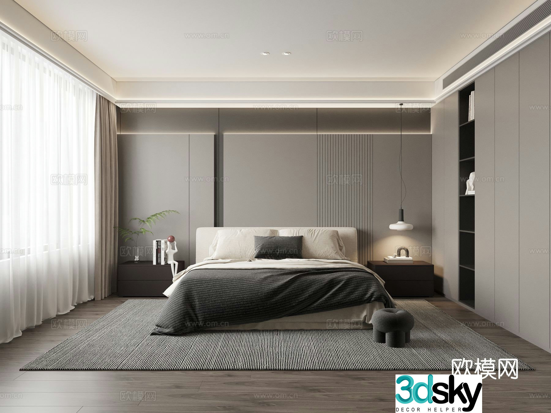 Modern premium gray bedroom Italian simple bedroom Master bedroom Secondary bedroom Double bed 3D model