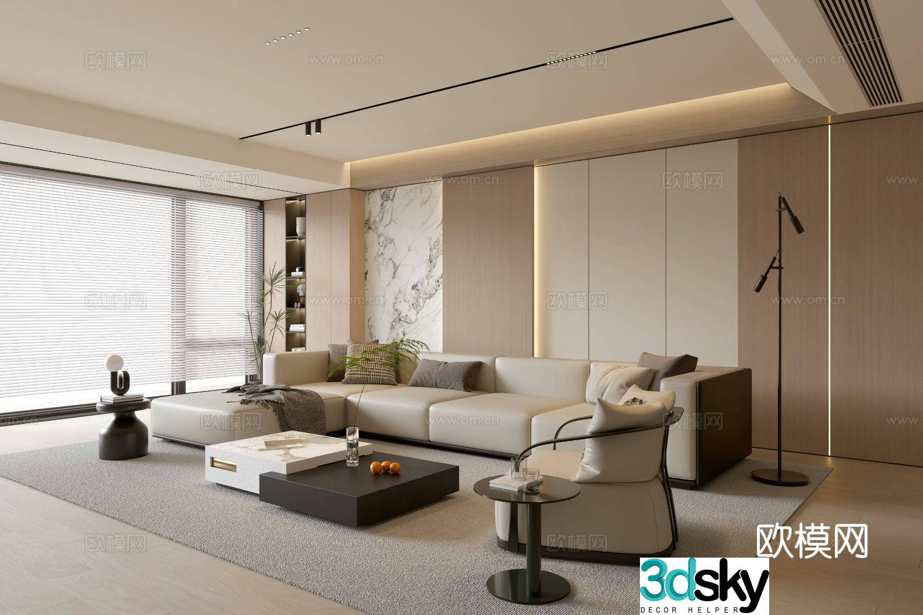 Modern cream simple living room balcony cabinet sofa combination coffee table sofa background wall 3d model