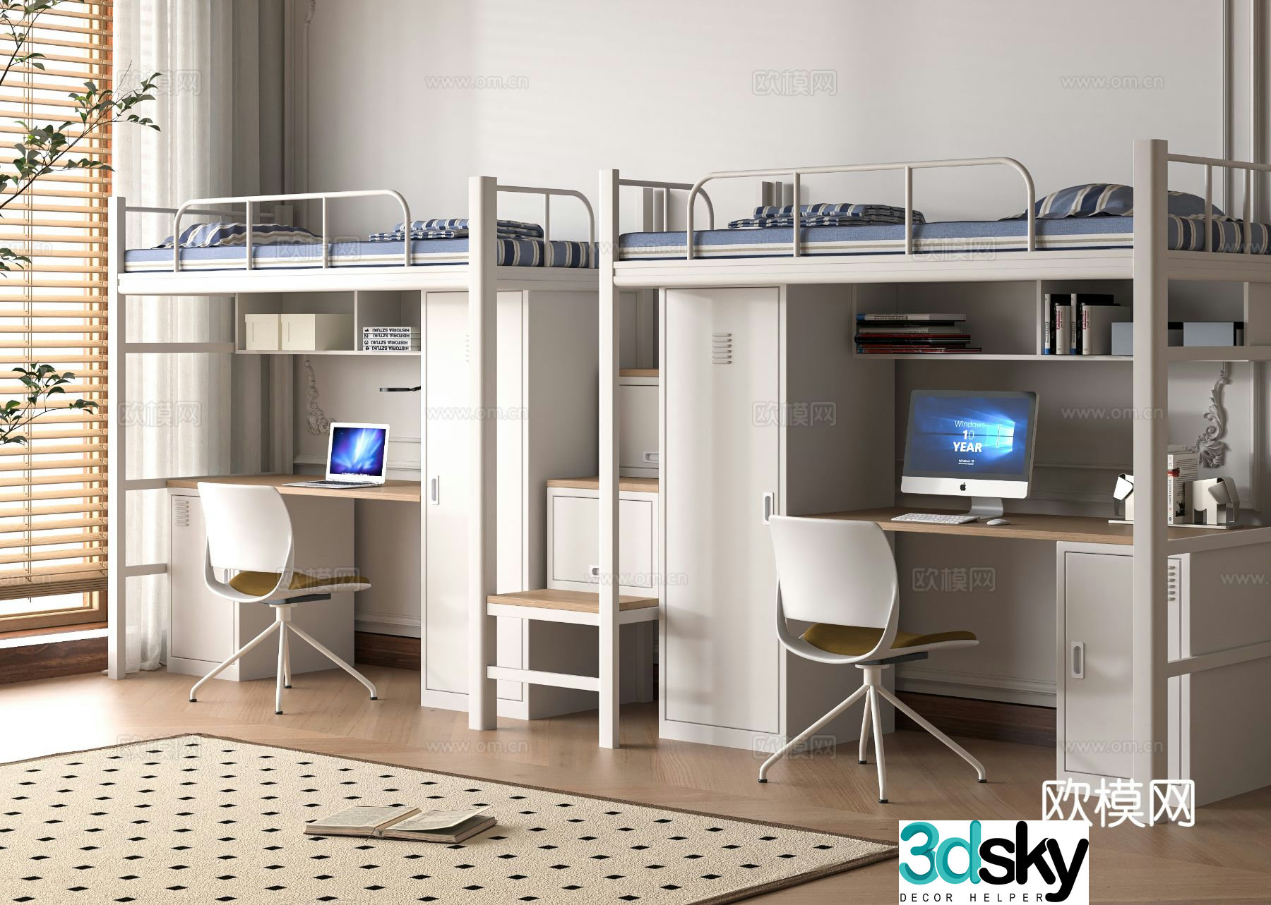 Modern dormitory bed bed and desk student going to and from bed 3D model