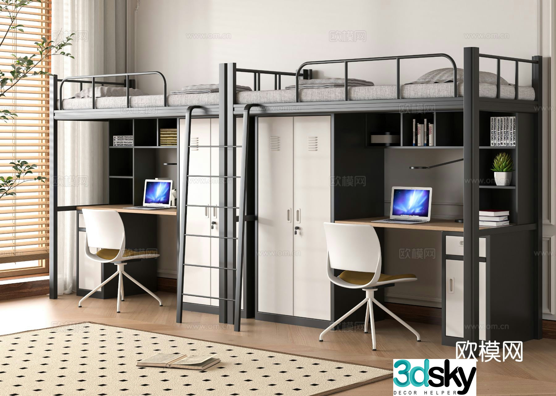 Modern dormitory bed bed and desk student going to and from bed 3D model