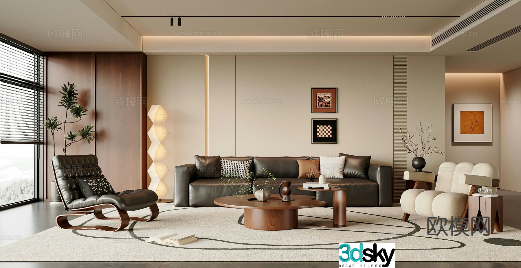 Middle style living room sofa and coffee table combination leisure chair potted plant hanging painting floor lamp 3D model