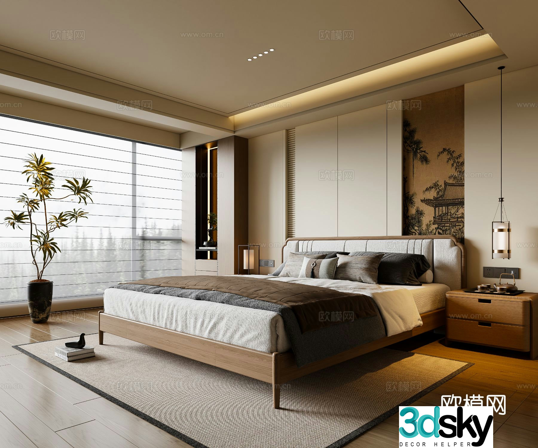 New Chinese style Song style bedroom solid wood double bed bed nightstand chandeliers carpet 3d model