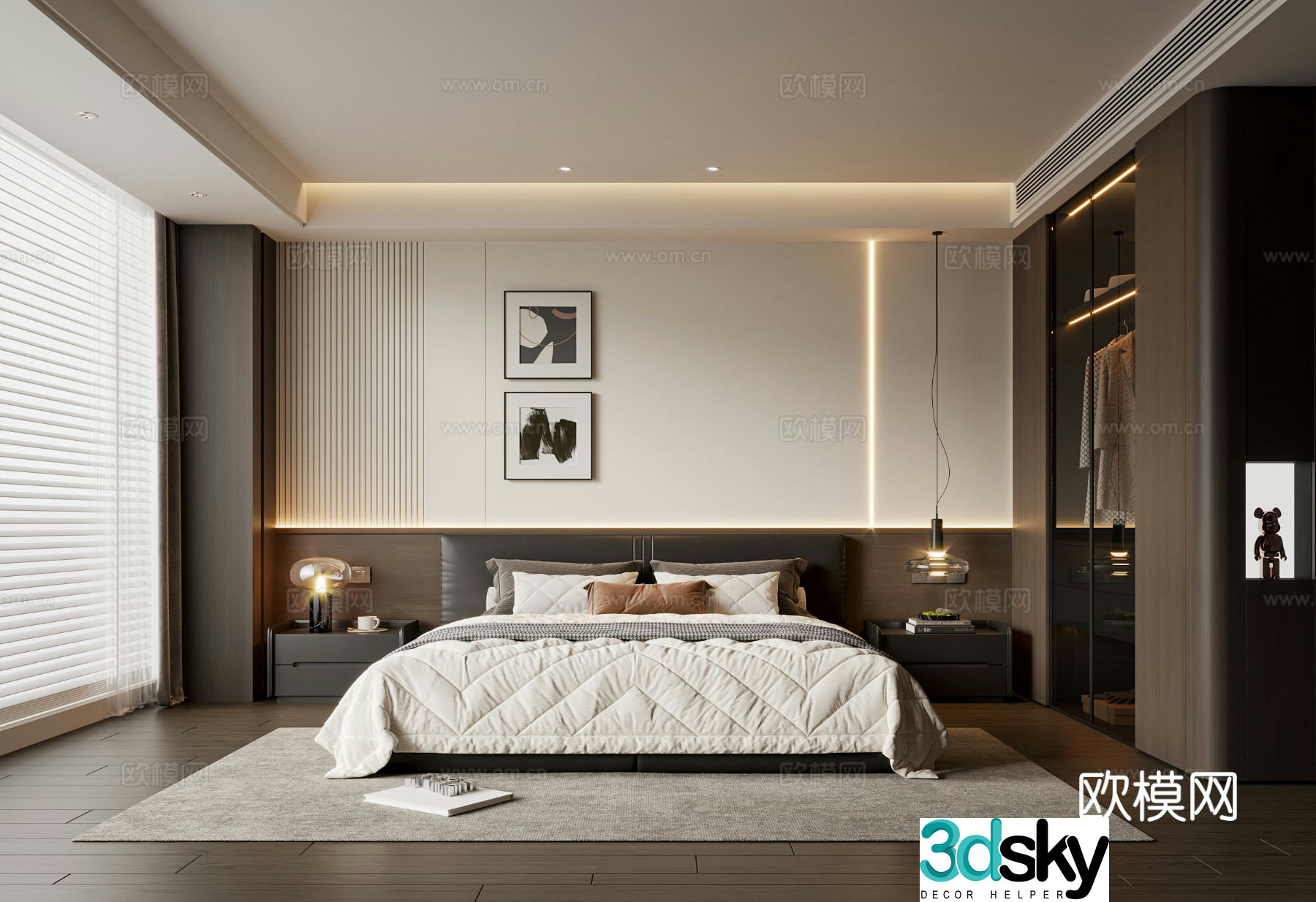 Modern minimalist bedroom leather double bed wardrobe chandeliers hanging paintings master bedroom 3D model