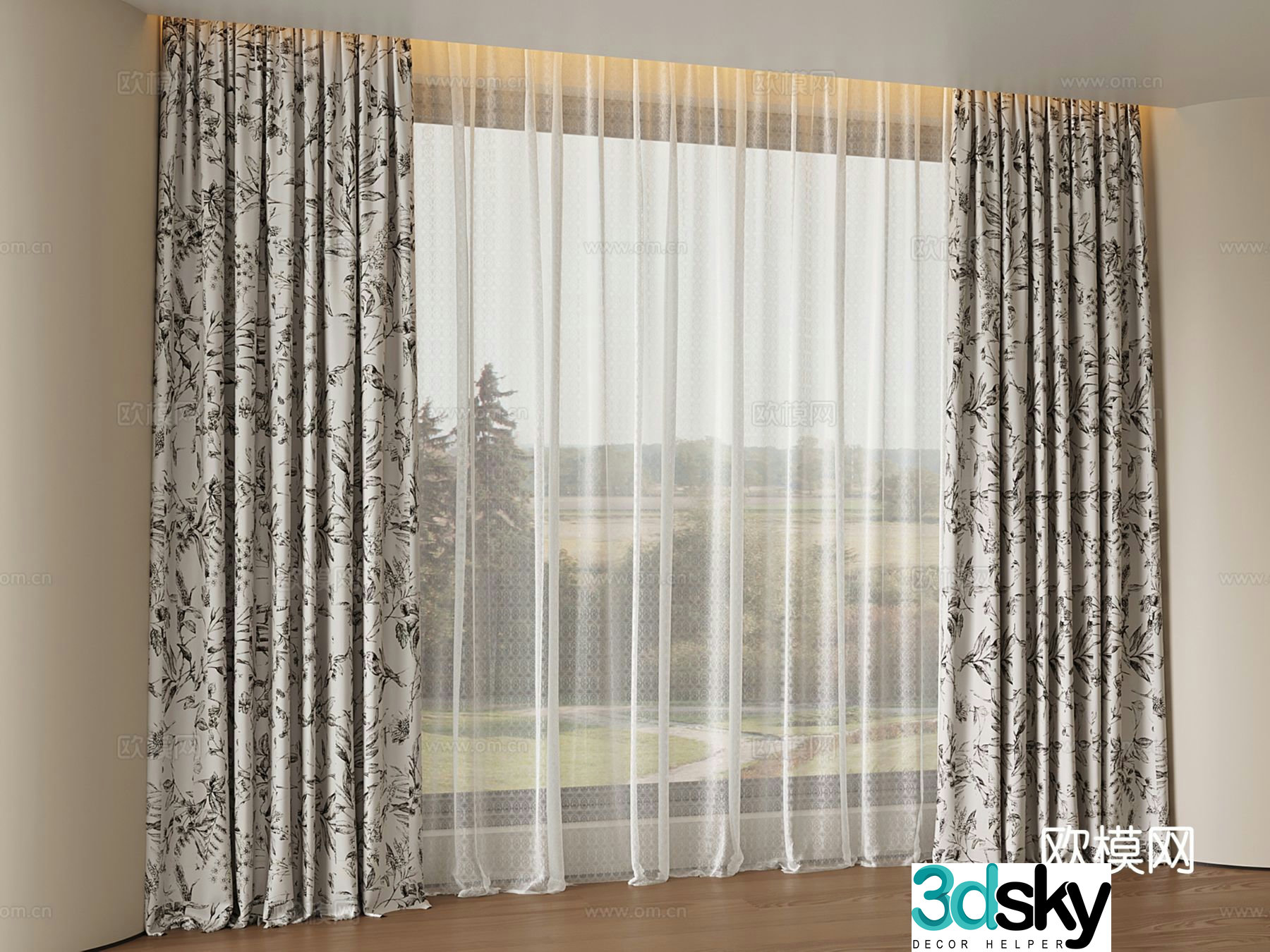 French retro curtains fabric curtains pattern small florals gauze curtains 3d model