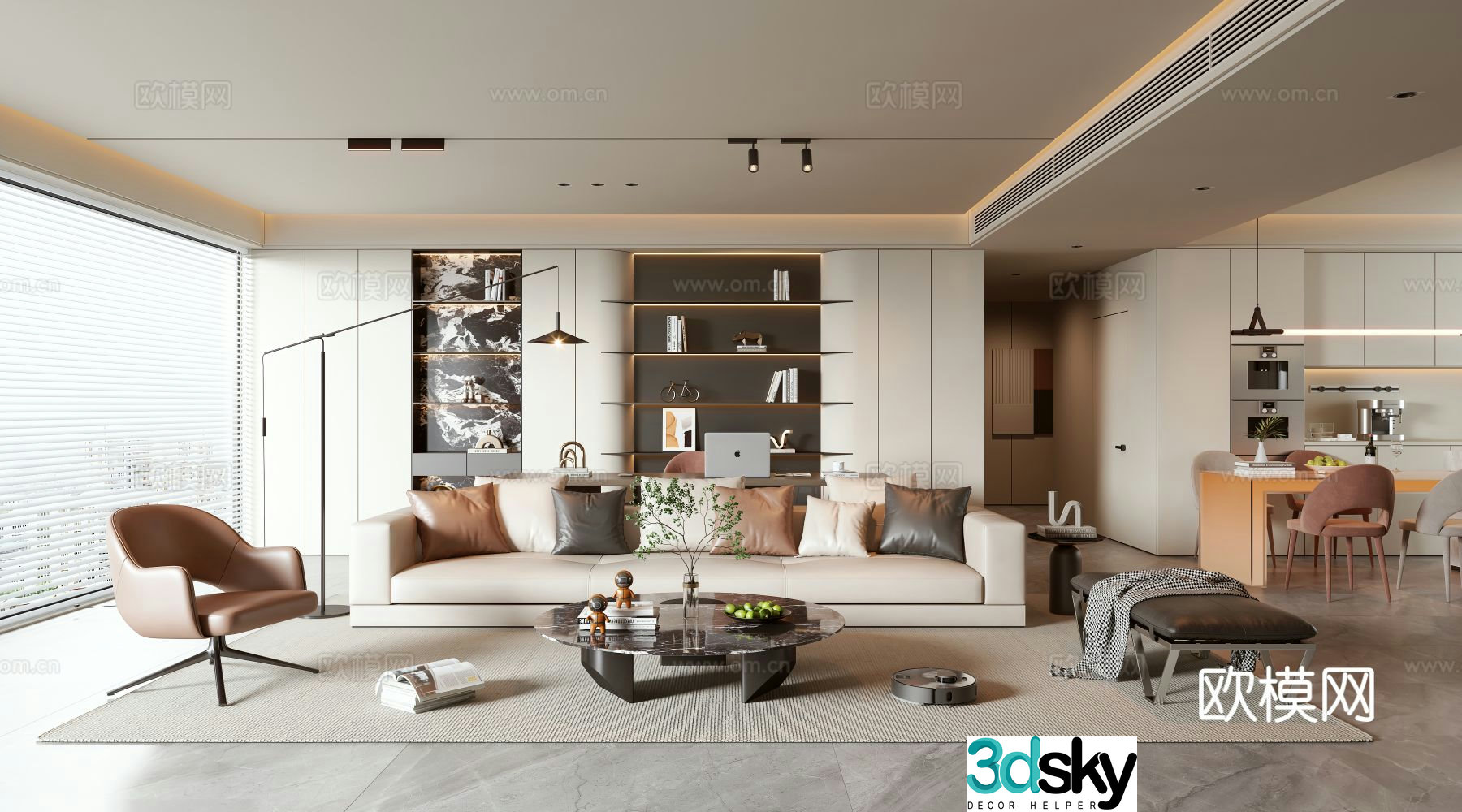 Modern living and dining room 3d model