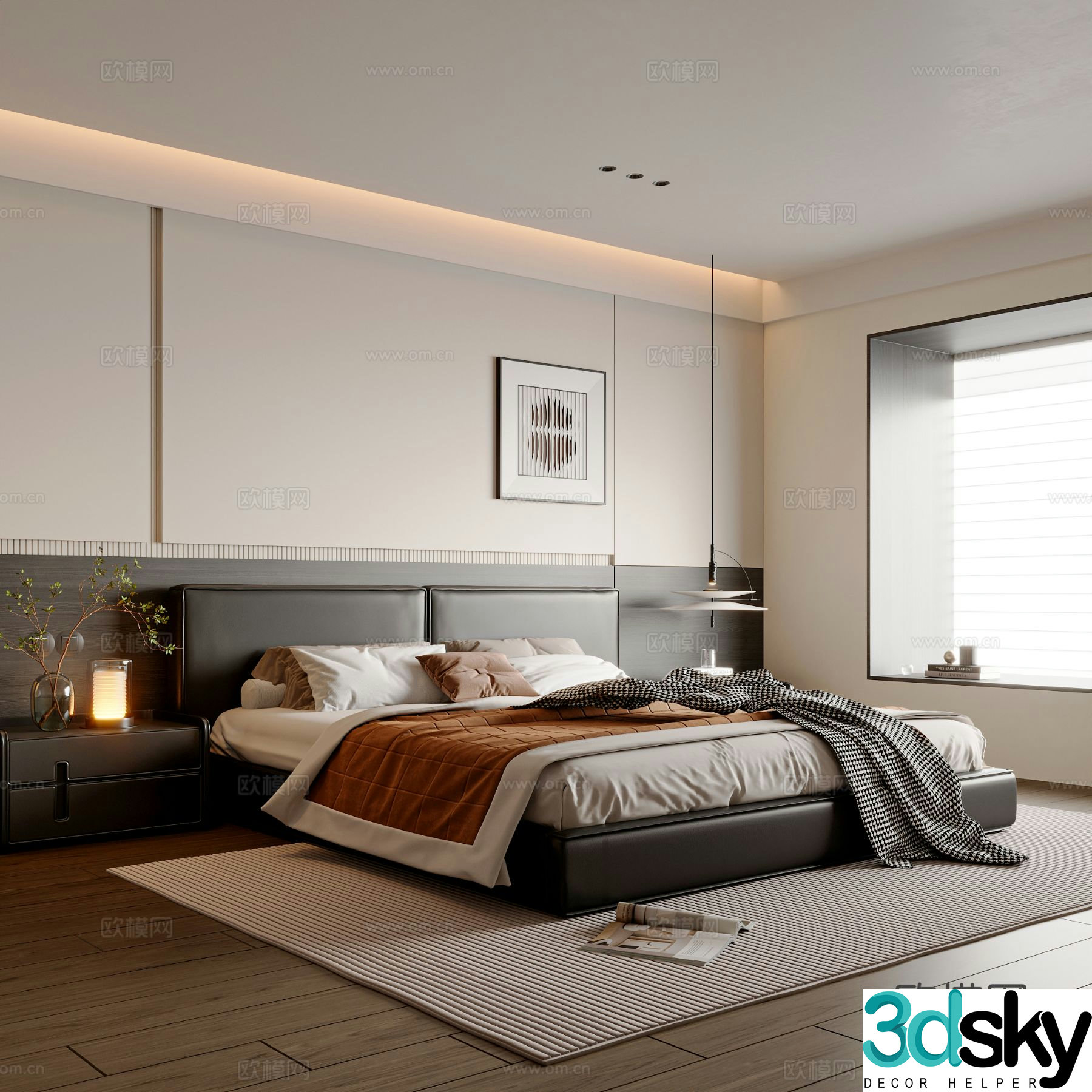 Modern minimalist bedroom master bedroom leather double bed chandeliers desk lamp bedside table 3D model