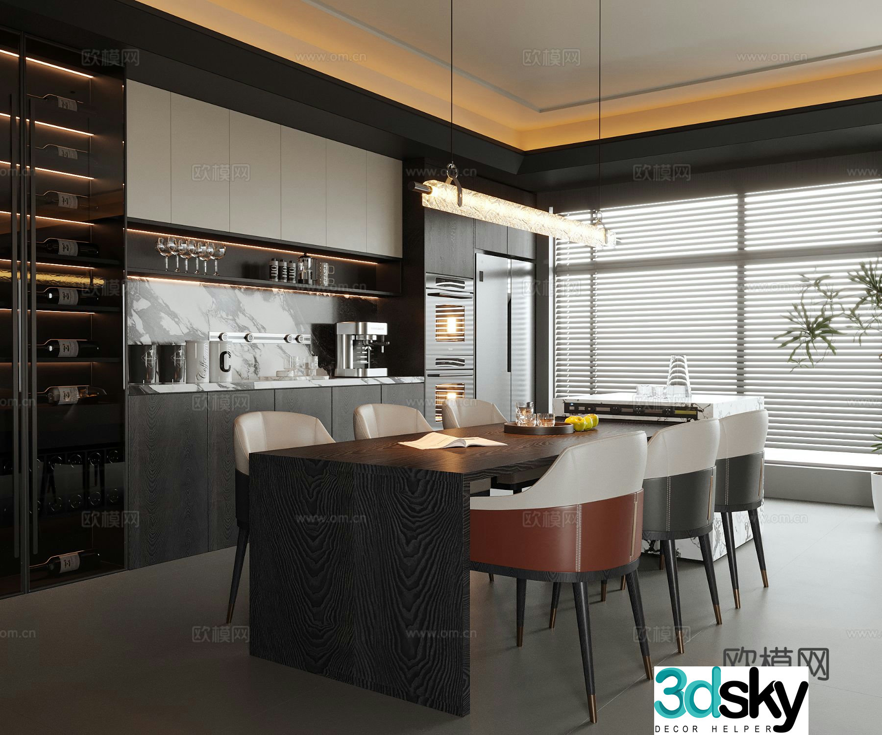 Modern island restaurant Dining table and chair Dining chair Wine cabinet Side cabinet 3d model