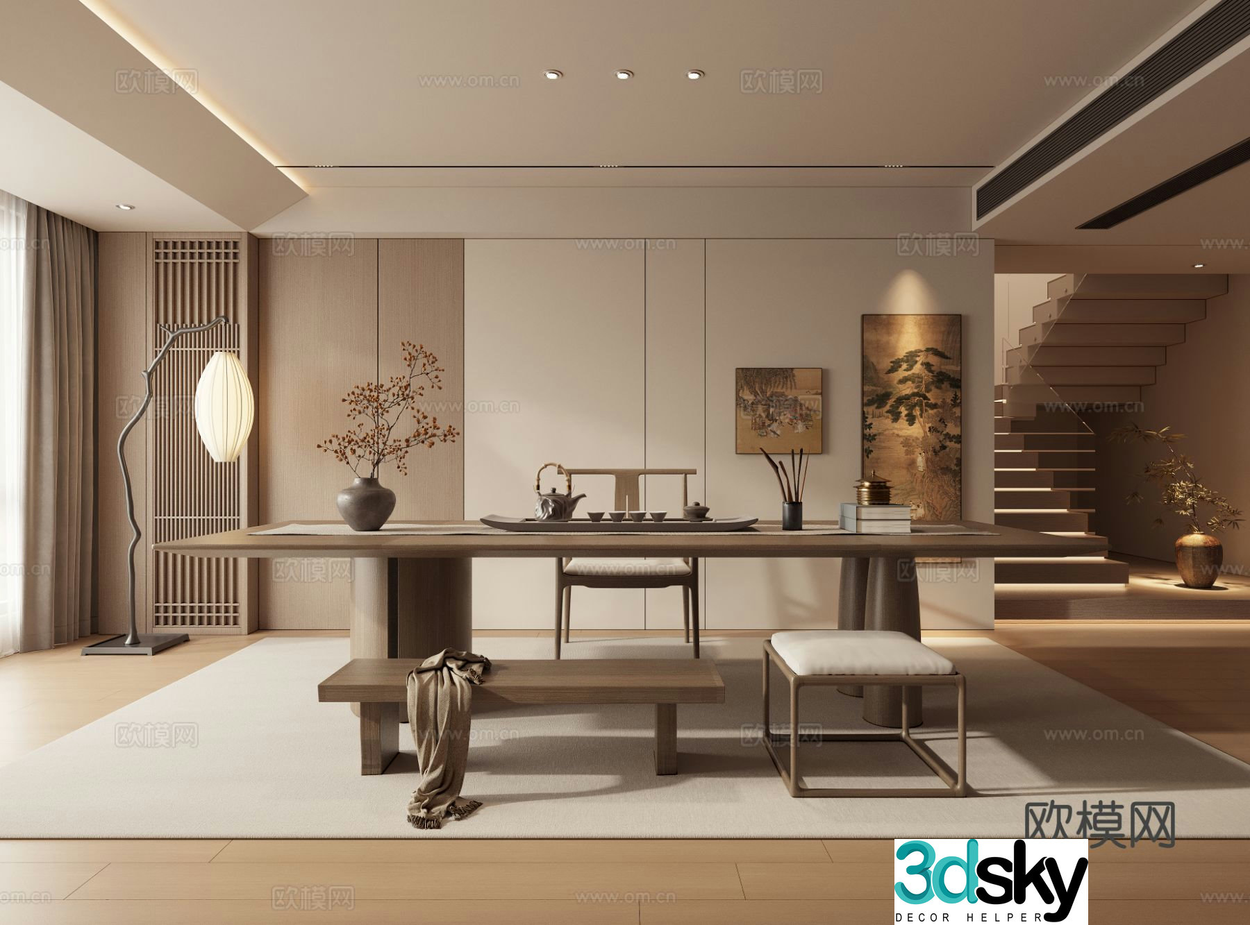 New Chinese Zen Tea Room Reception Room Tea Table Floor Lamp 3D Model
