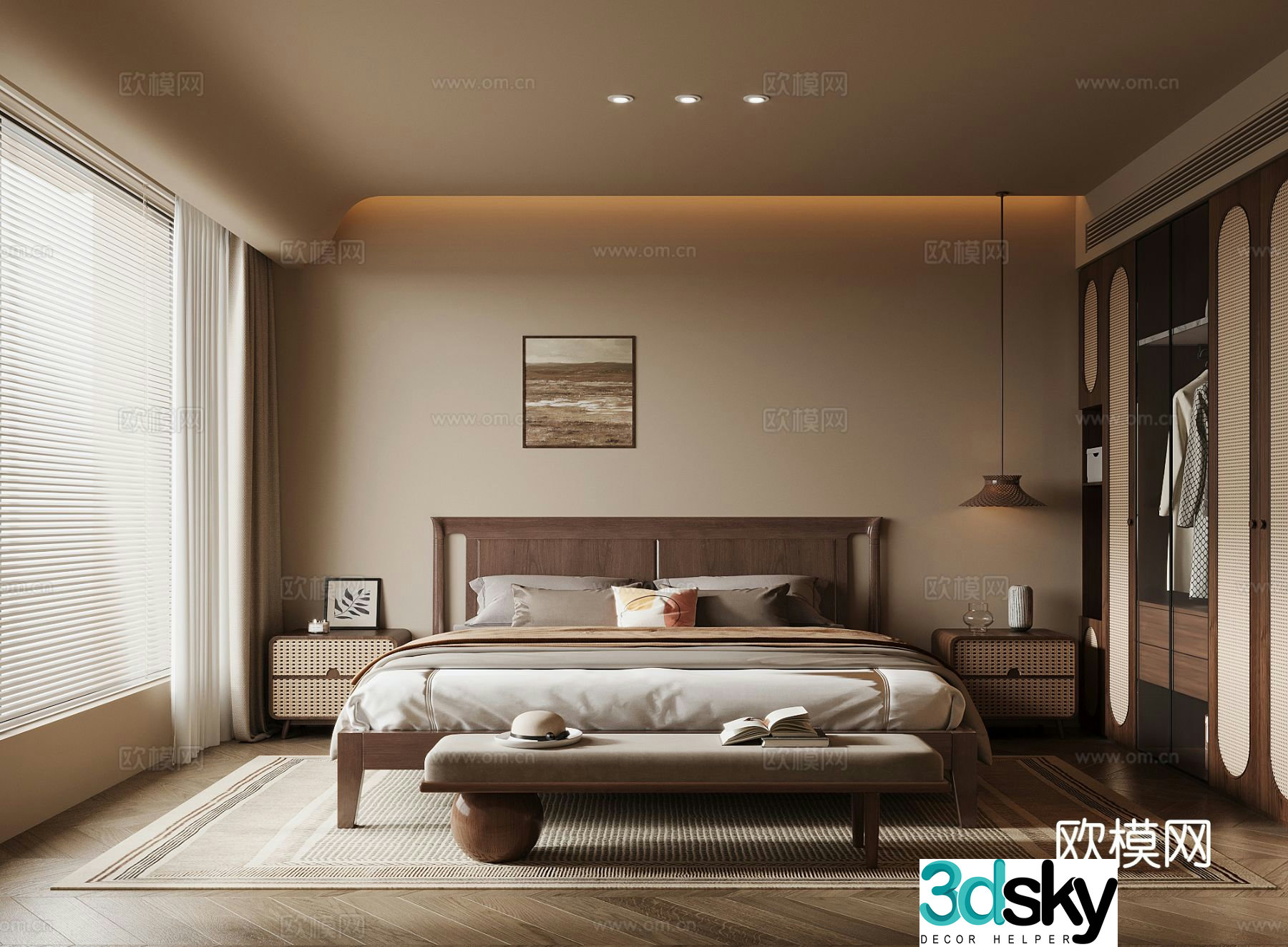 Middle style bedroom double bed wardrobe bedside table 3D model