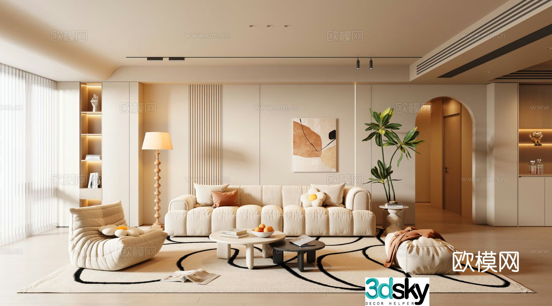 Modern Creamy Living Room 3D Model