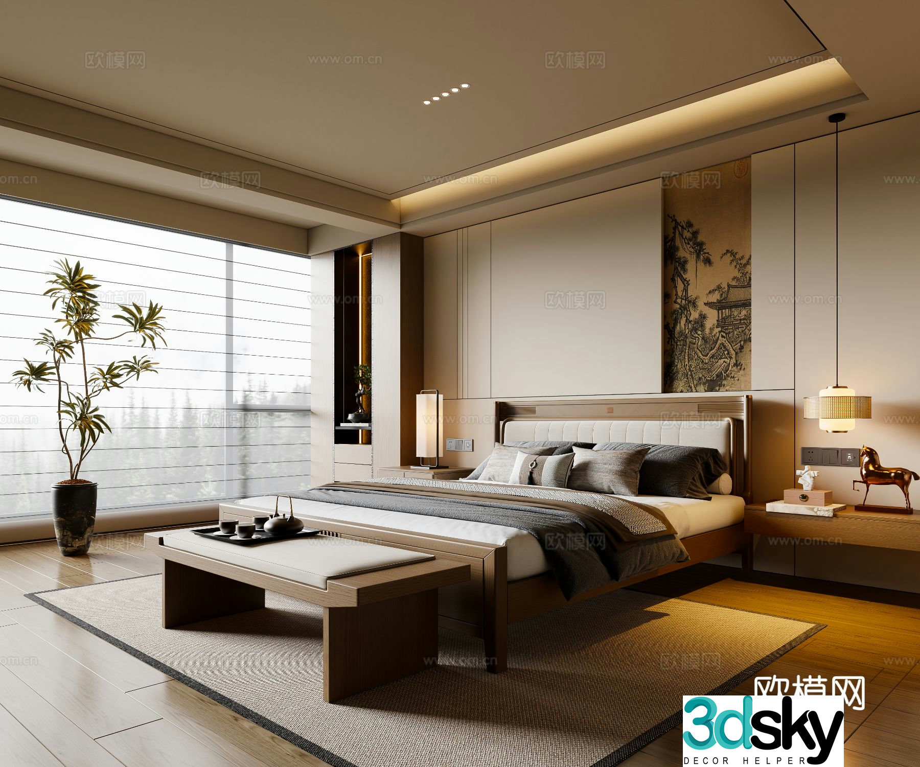 New Chinese style Song style bedroom solid wood double bed bed nightstand chandeliers foot pedal carpet 3d model