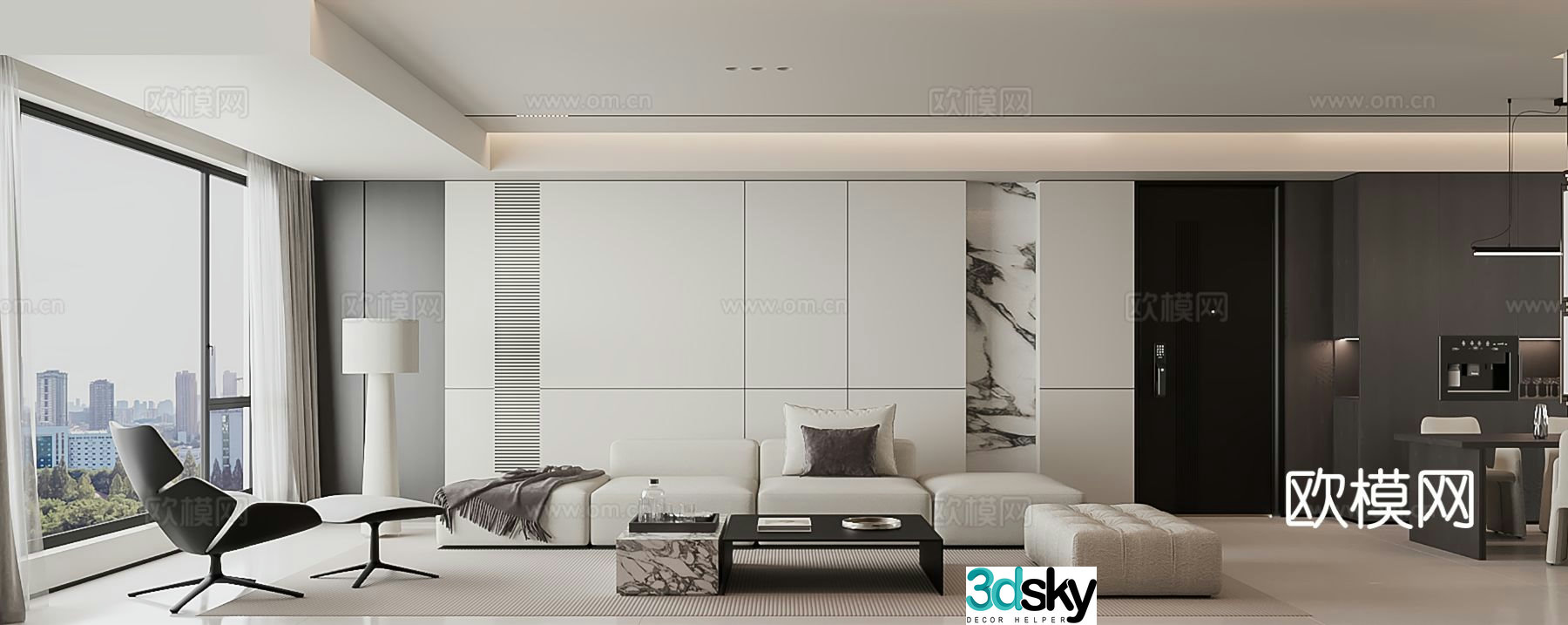 Modern living and dining Italian restaurant minimalist living and dining room TV background wall black and white gray living and dining room 3D model