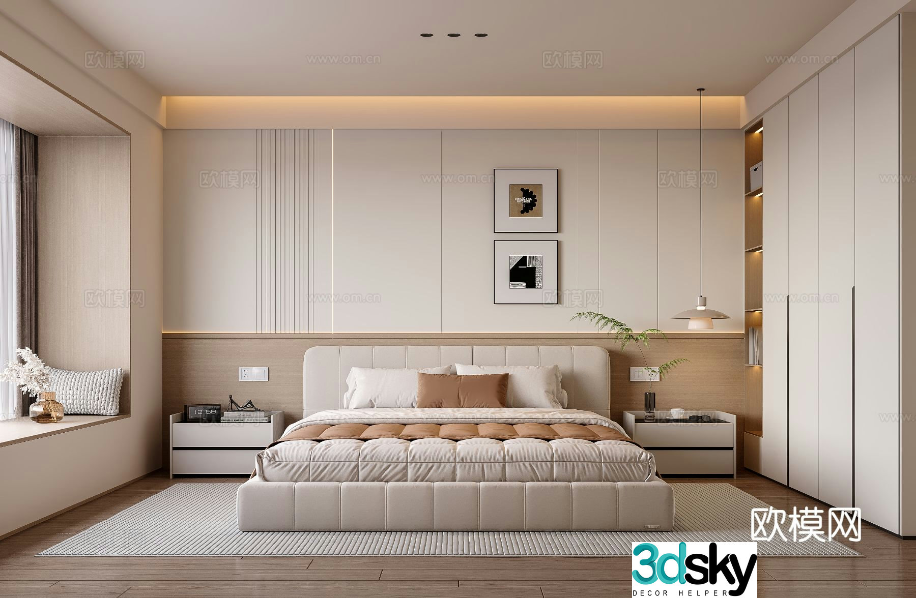 Modern cream style home bedroom double bed vase ornament chandelier wardrobe sculpture 3d model