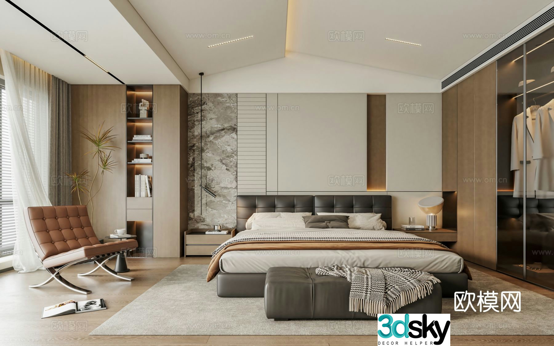 Italian light luxury home bedroom master bedroom without master lights leather double bed bedside background wall 3D model