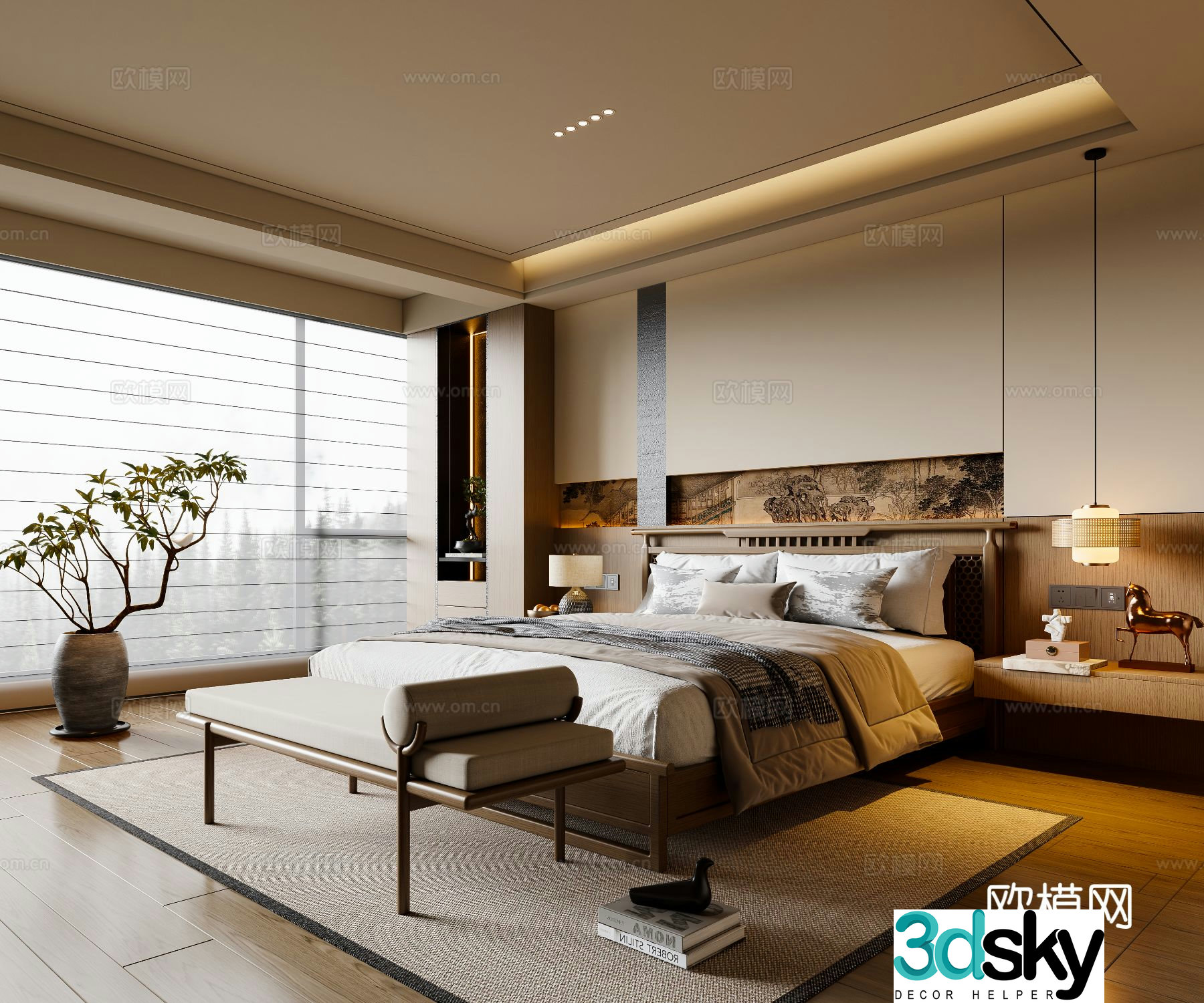 New Chinese style Song style bedroom solid wood double bed bed nightstand chandeliers foot pedal carpet 3d model
