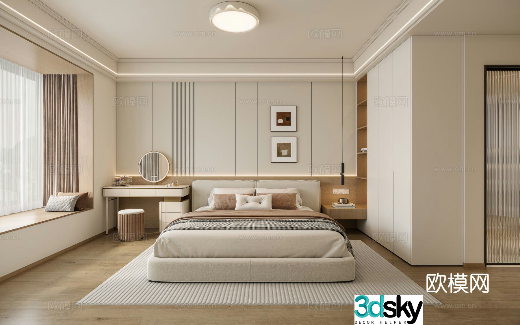 Modern creamy bedroom dressing table master bedroom 3d model