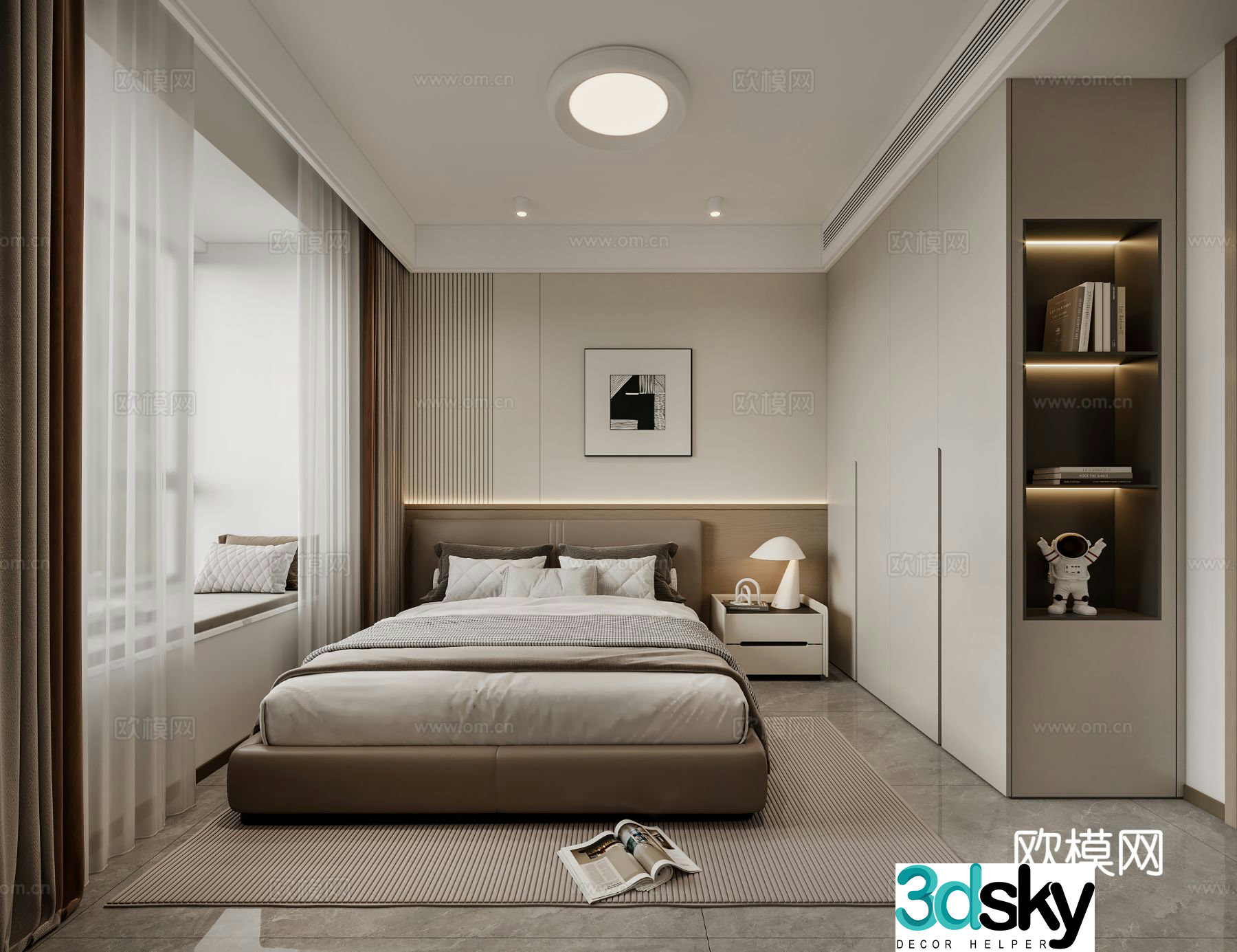 Modern bedroom Double bed Ceiling light Wardrobe Curtain Carpet Hanging painting Bedside table 3D model