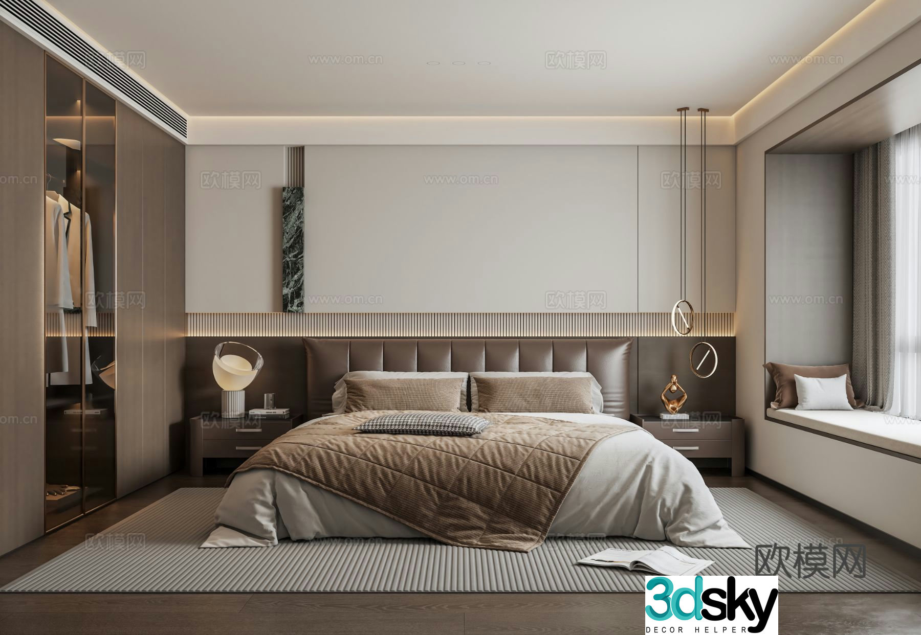 Italian light luxury home bedroom master bedroom leather double bed modern bedside background wall bedside table chandeliers 3D model