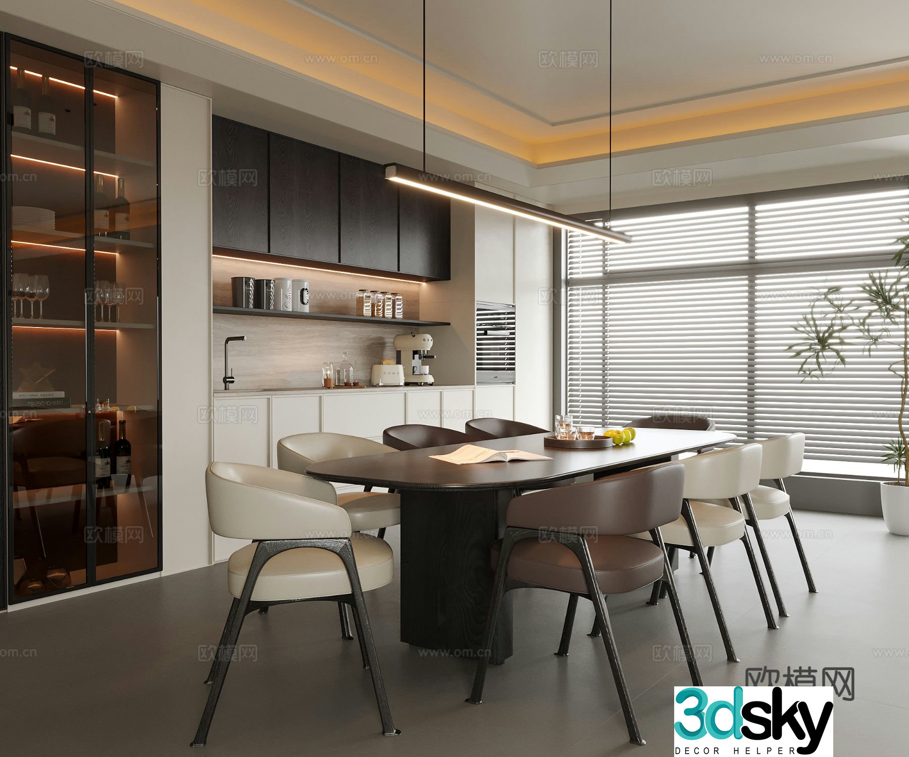 Modern restaurant dining table and chair sideboard wine cabinet 3d model