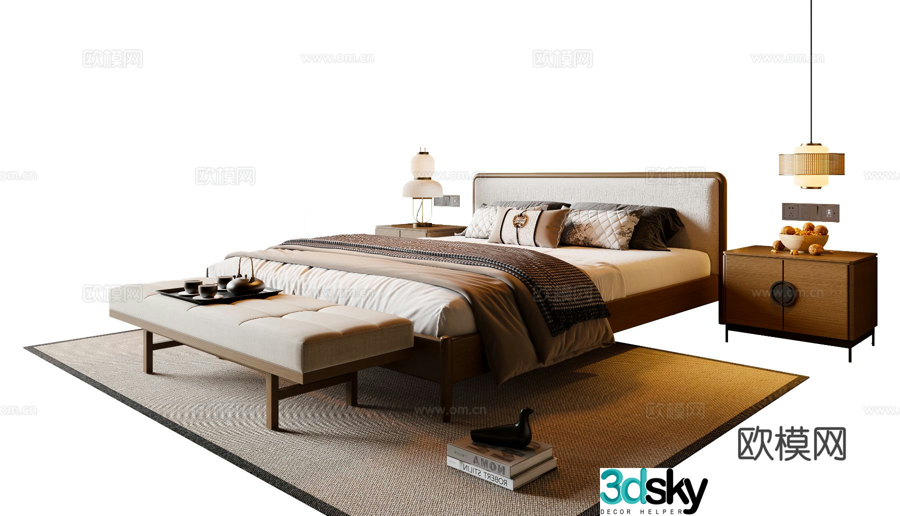 New Chinese Song style double bed nightstand chandeliers foot pedals carpet 3d model