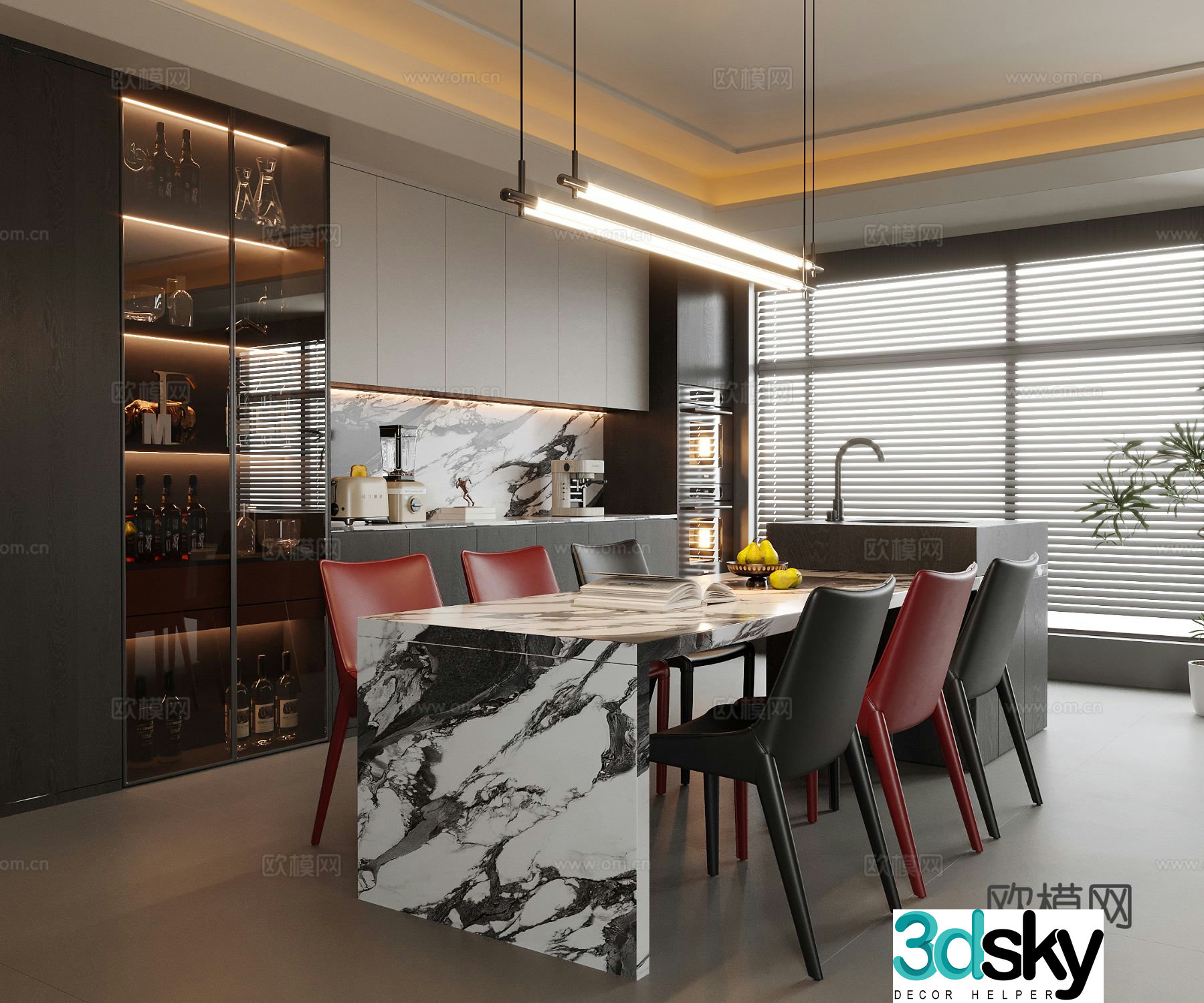 Modern restaurant dining table and chair wine cabinet island dining table and chair sideboard 3d model