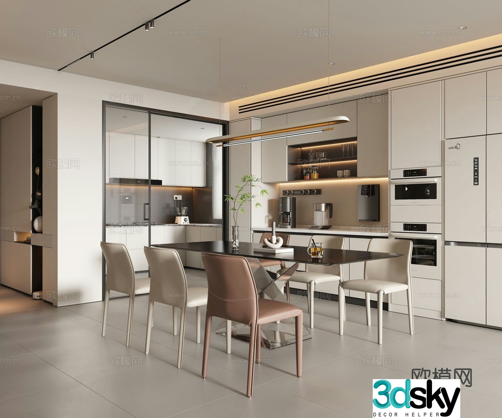 Modern minimalist home restaurant Open restaurant No main light restaurant Dining table and chair combination 3D model