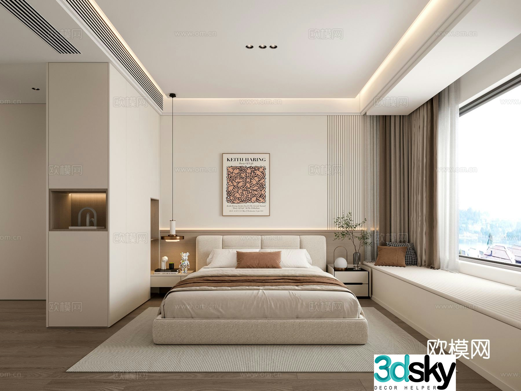 Modern bedroom Creamy bedroom Balancing window booth fabric bed wooden bedside cabinet desk one-piece wardrobe chair table 3D model