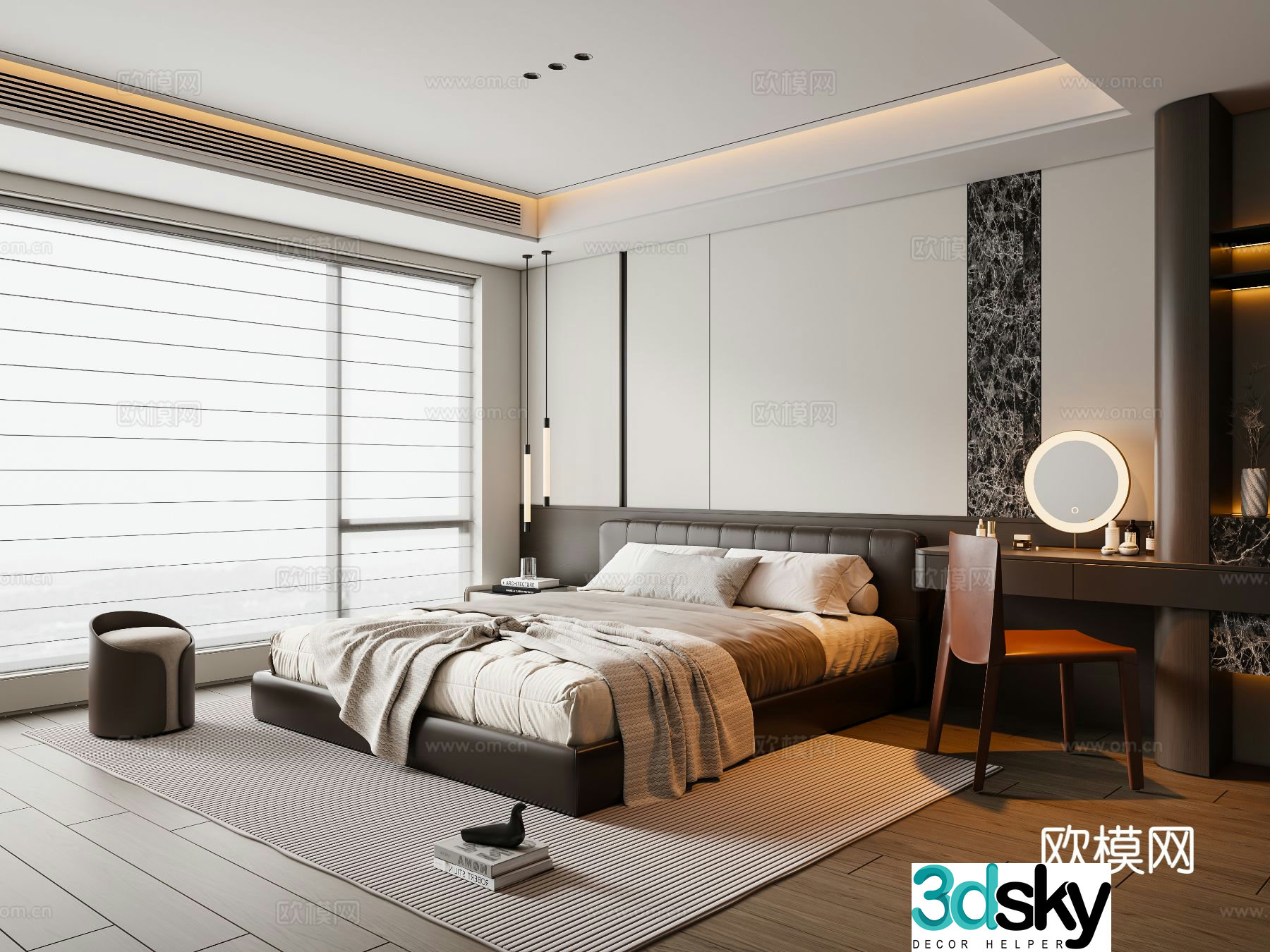 Modern Italian bedroom leather double bed nightstand chandeliers dressing table carpet 3d model