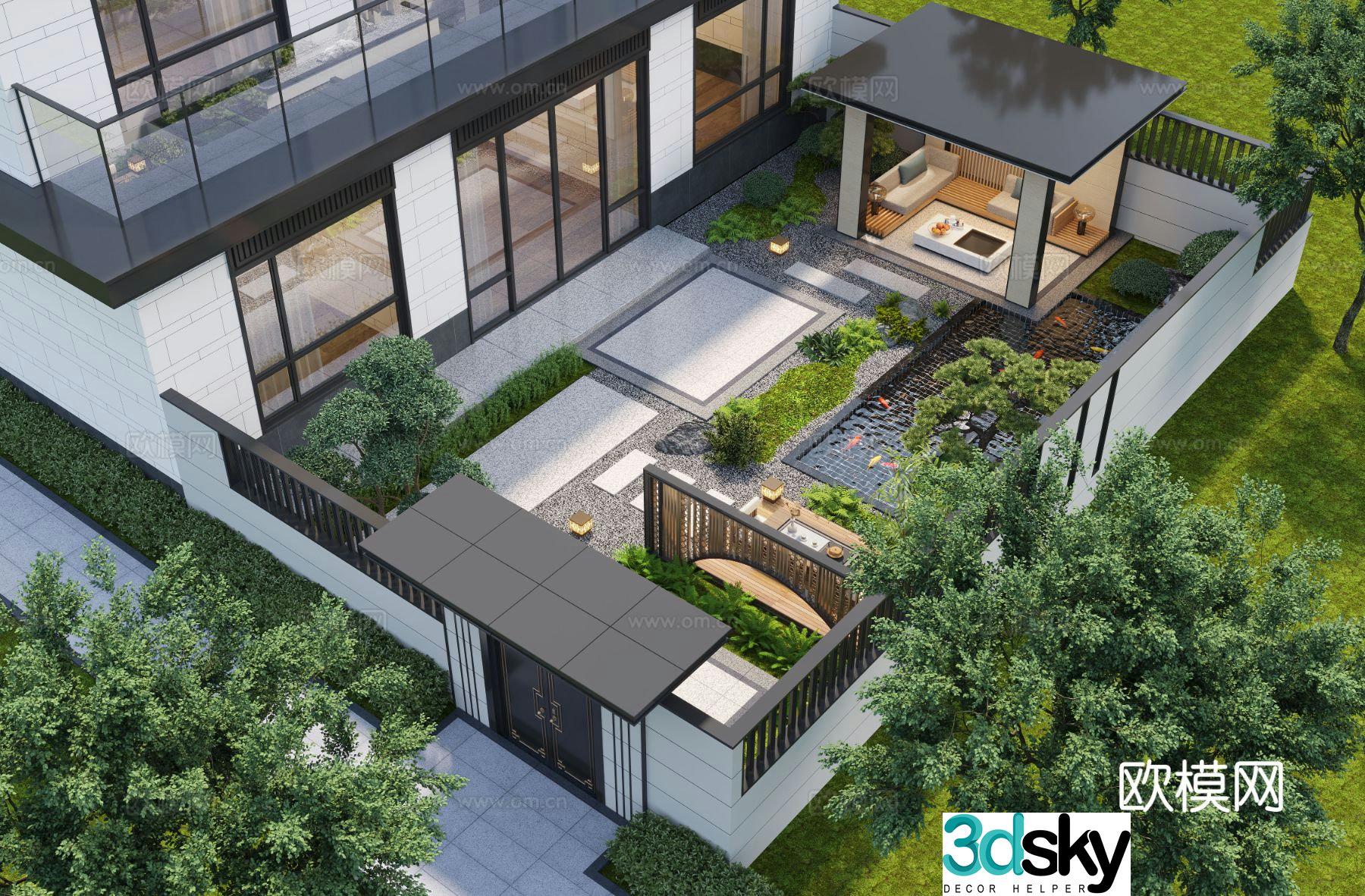 New Chinese style courtyard landscape pavilion courtyard water view villa courtyard courtyard sketch 3d model