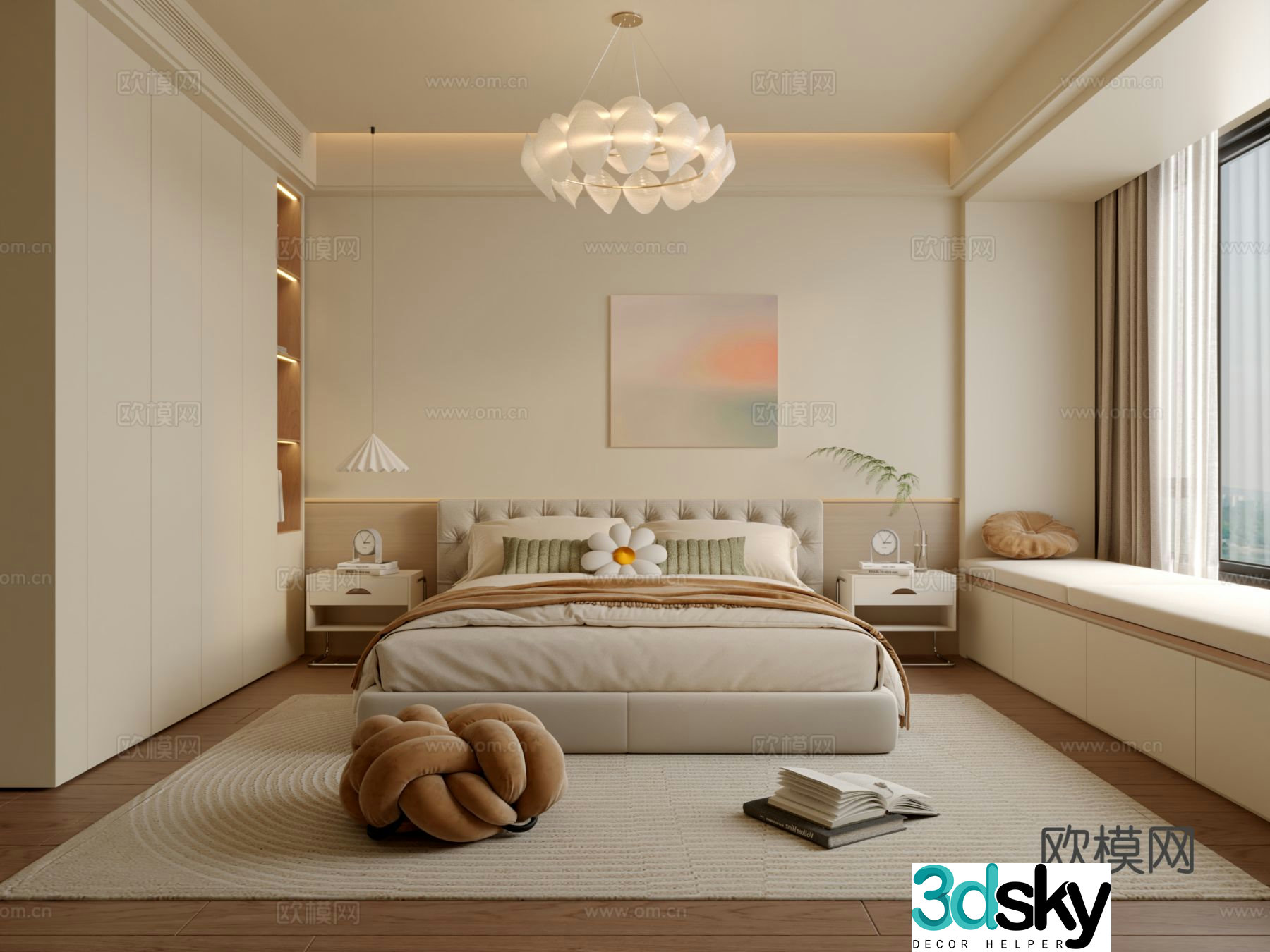 Modern creamy bedroom 3d model