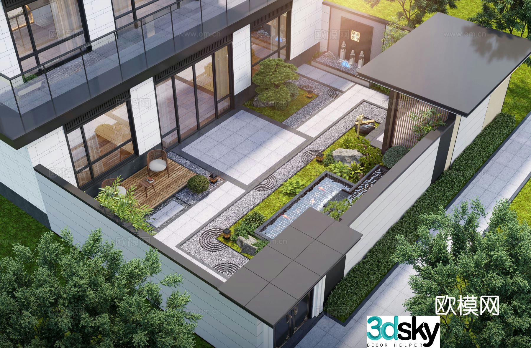 New Chinese style courtyard landscape pavilion courtyard water view villa courtyard courtyard sketch 3d model