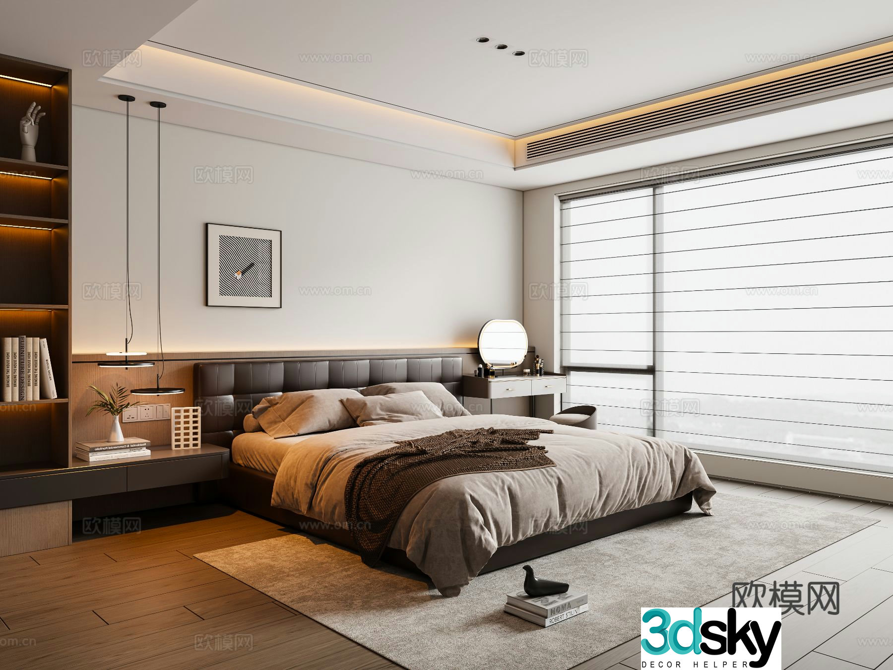 Modern Italian bedroom leather double bed dressing table chandelier hanging painting carpet 3d model