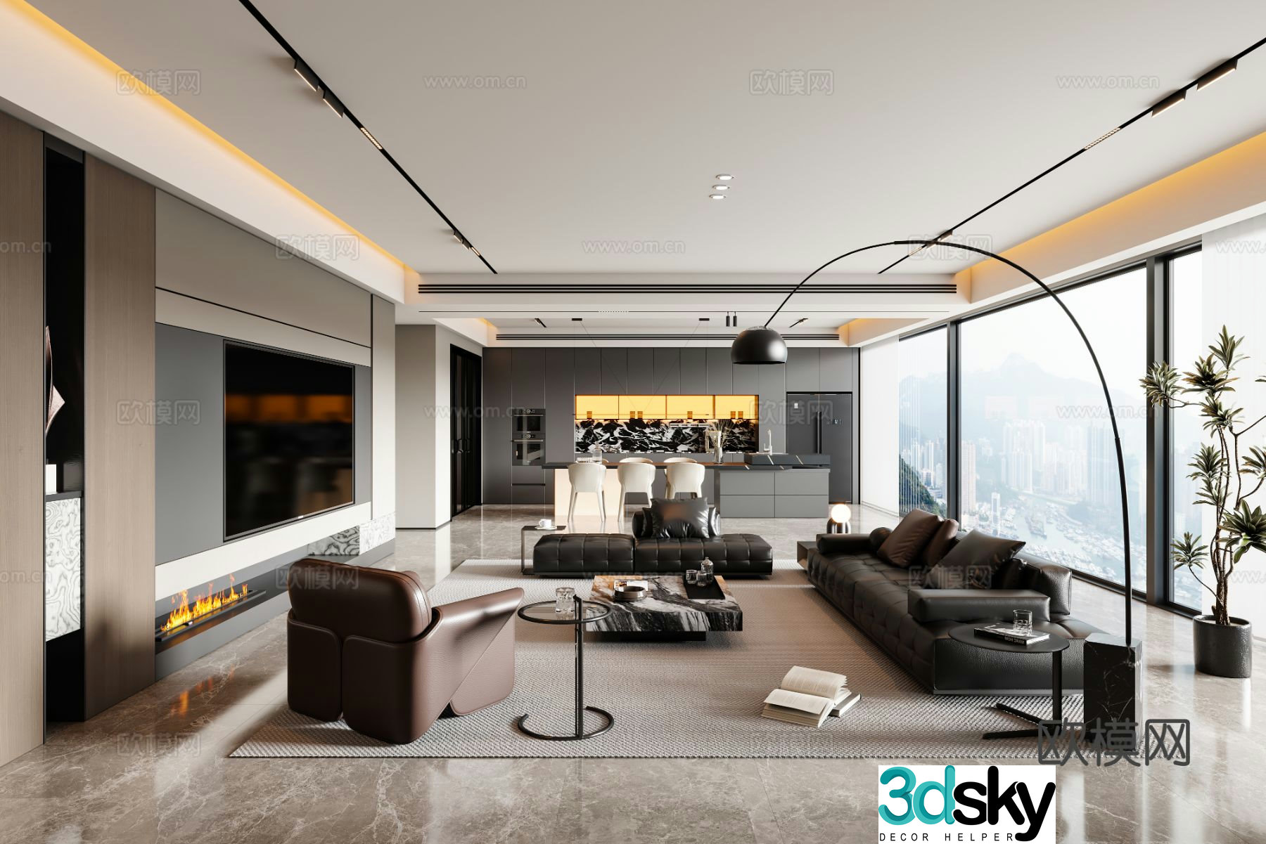 Italian restaurant sofa coffee table dining table chandeliers TV background wall wine cabinet 3d model